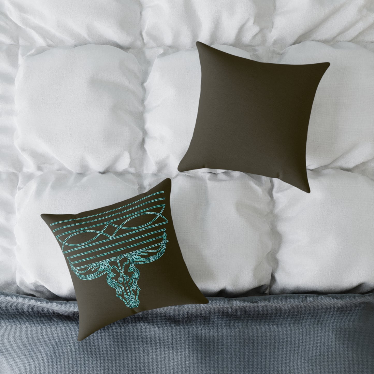Boho Bull Skull Throw Pillow — Turquoise Distressed Western Accent