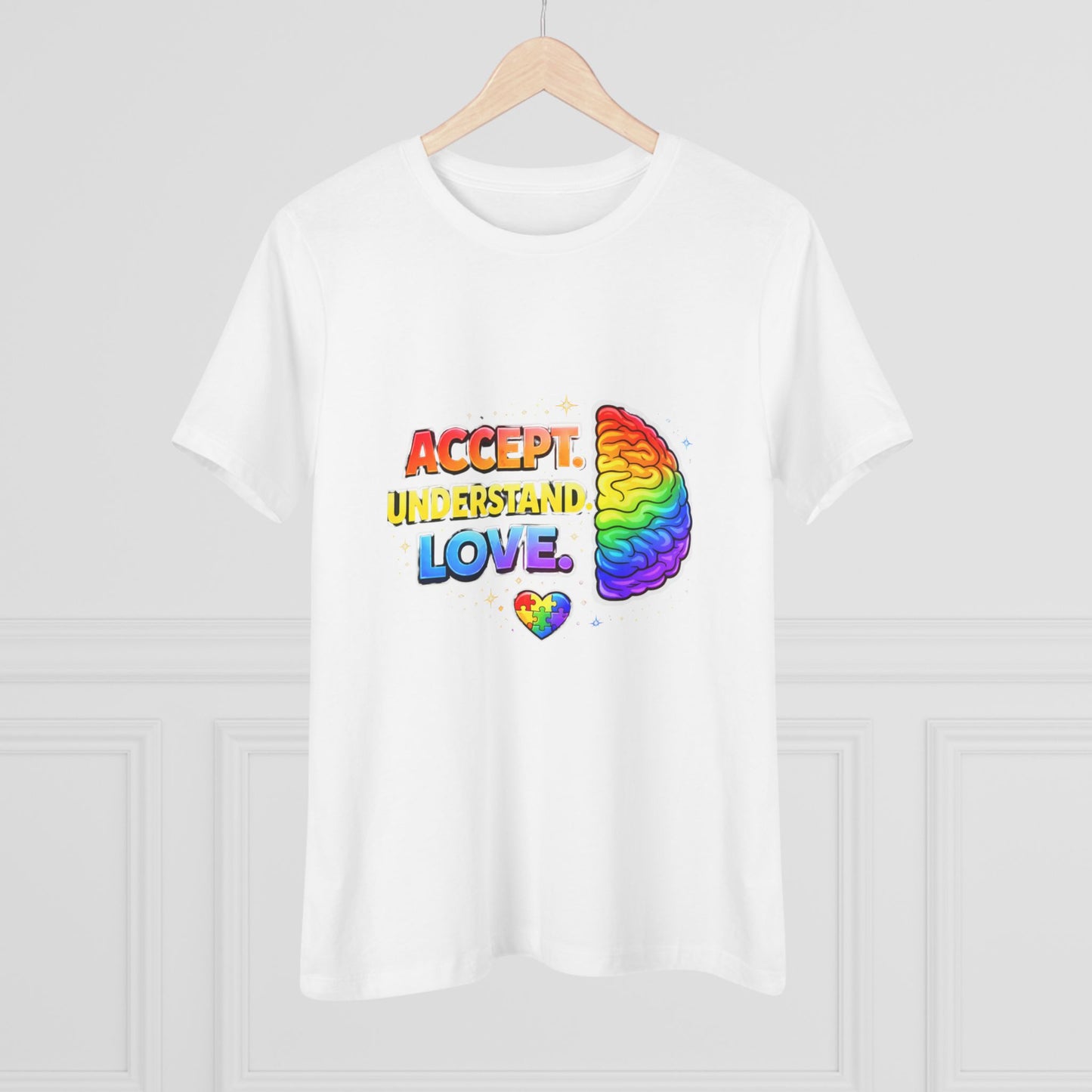Accept Understand Love Rainbow Brain Women's Tee — LGBTQ+ Pride Mental Health Awareness Shirt