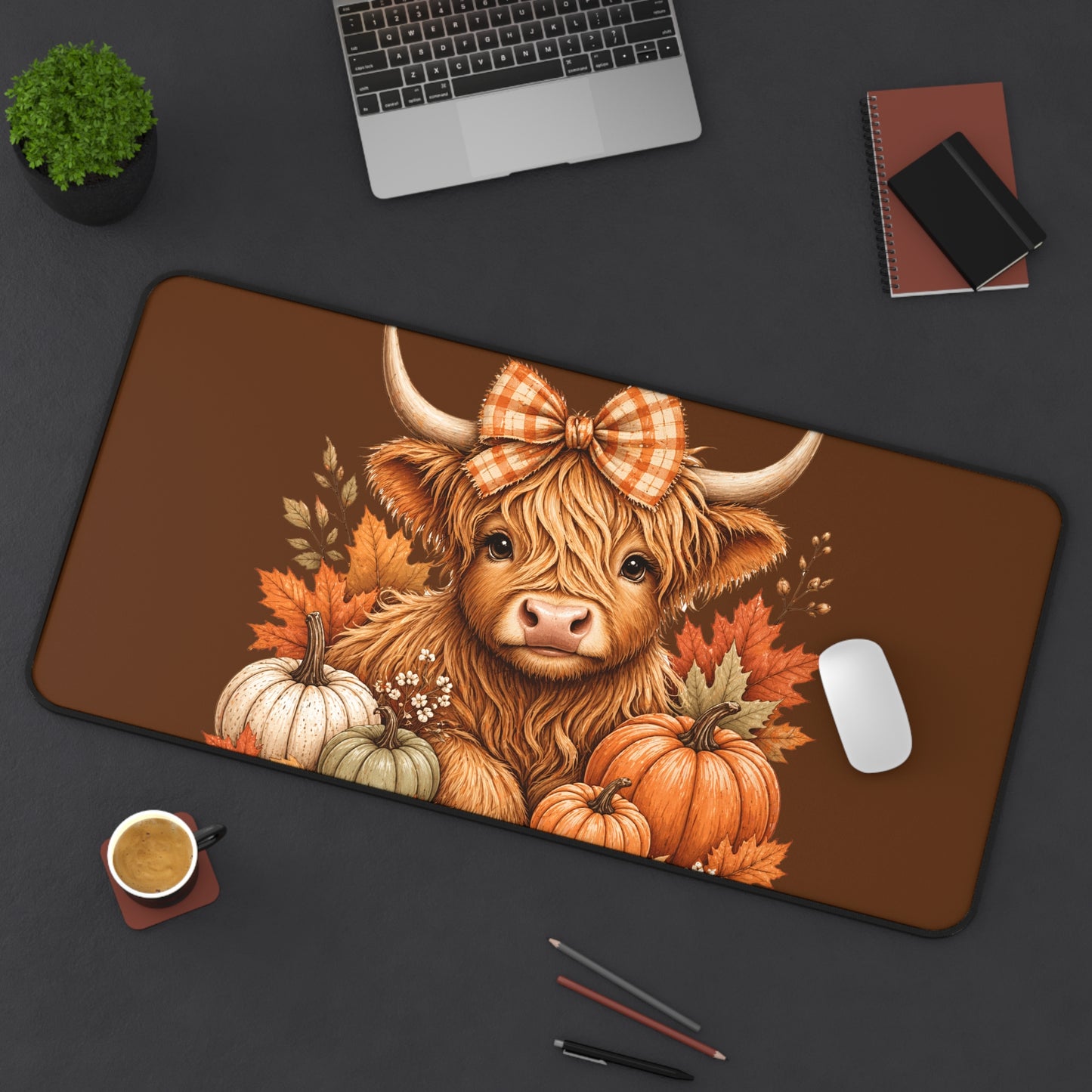 Autumn Highland Cow Desk Mat — Fall Pumpkin & Plaid Bow Mouse Pad