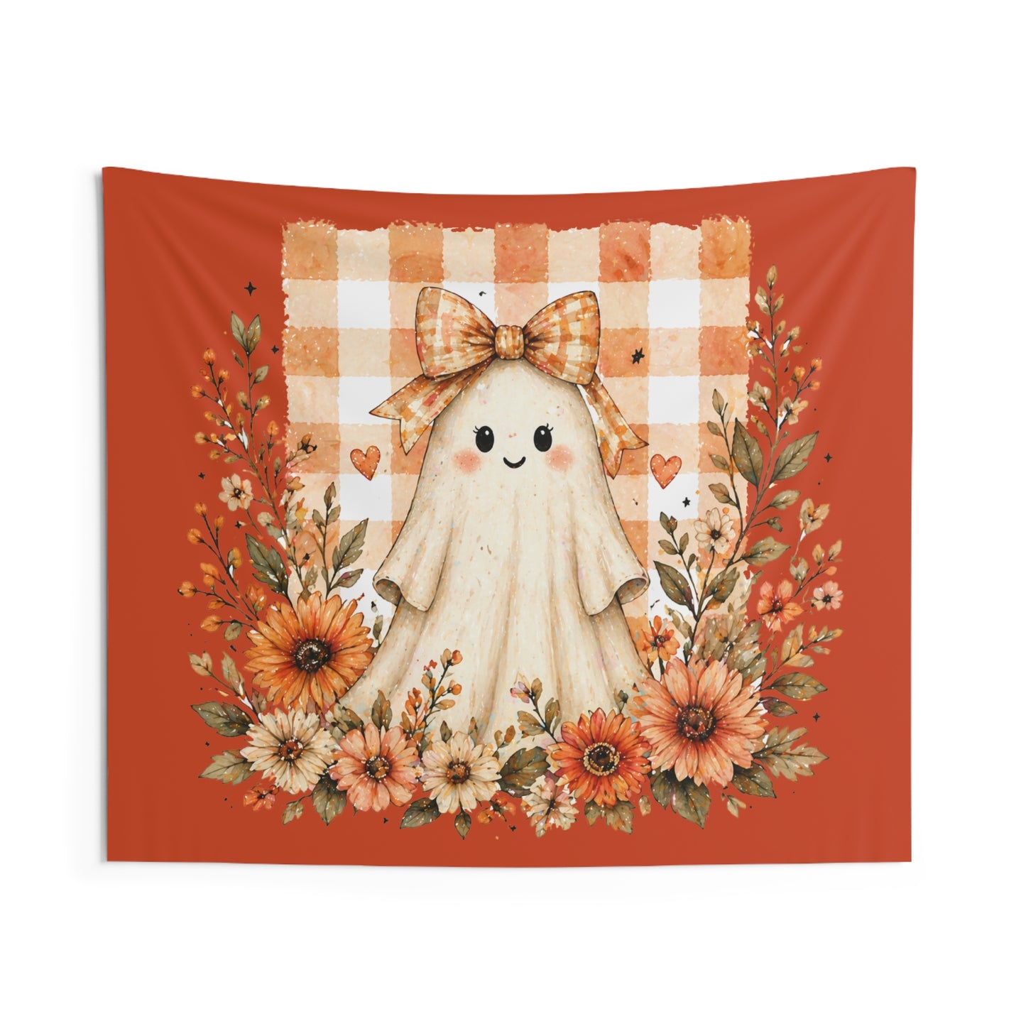 Autumn Cute Ghost Wall Tapestry — Fall Floral Pumpkin Spice Decor