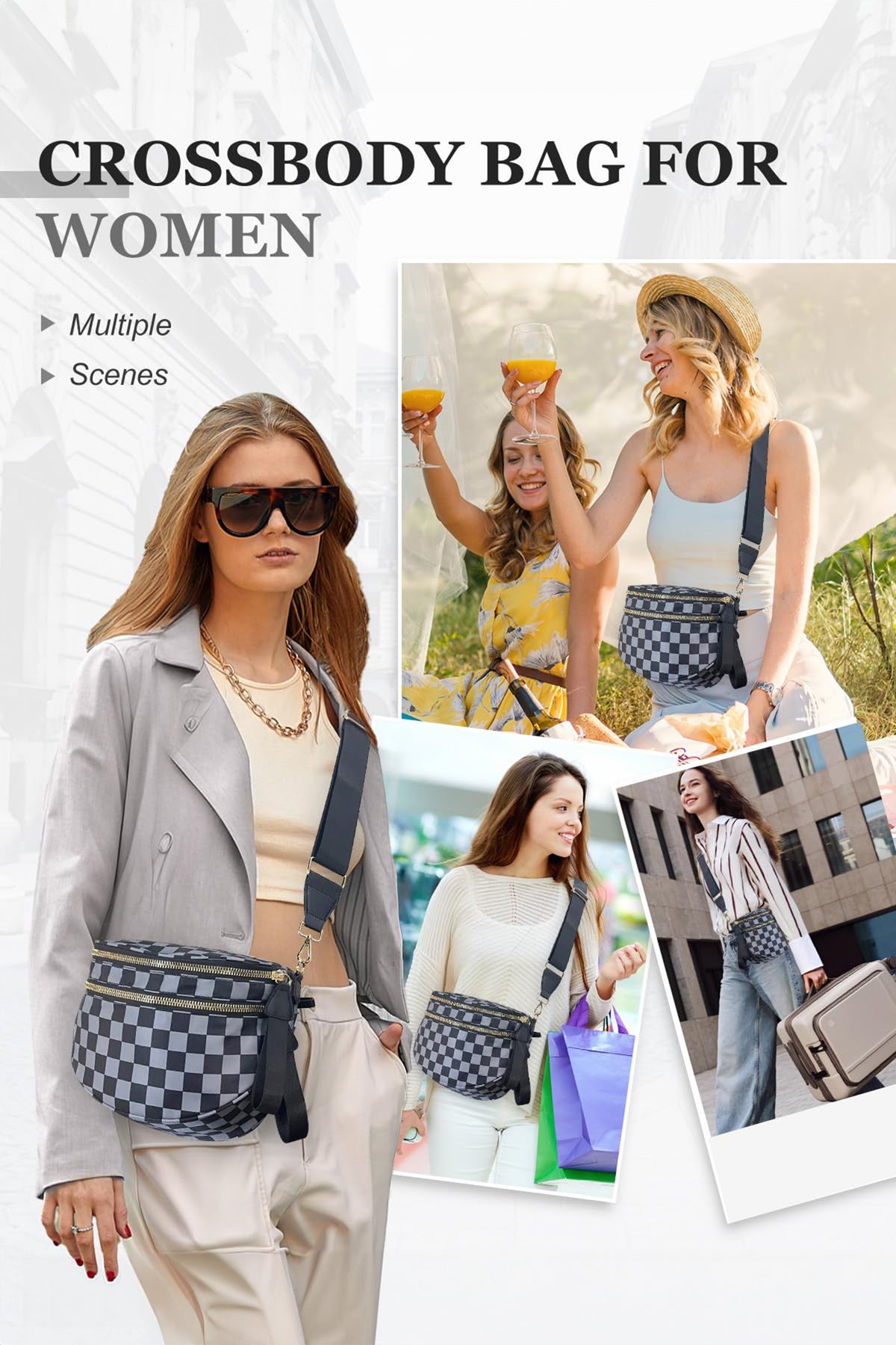 Mist Blue Checkered Print Wide Strap Large Crossbody Bag