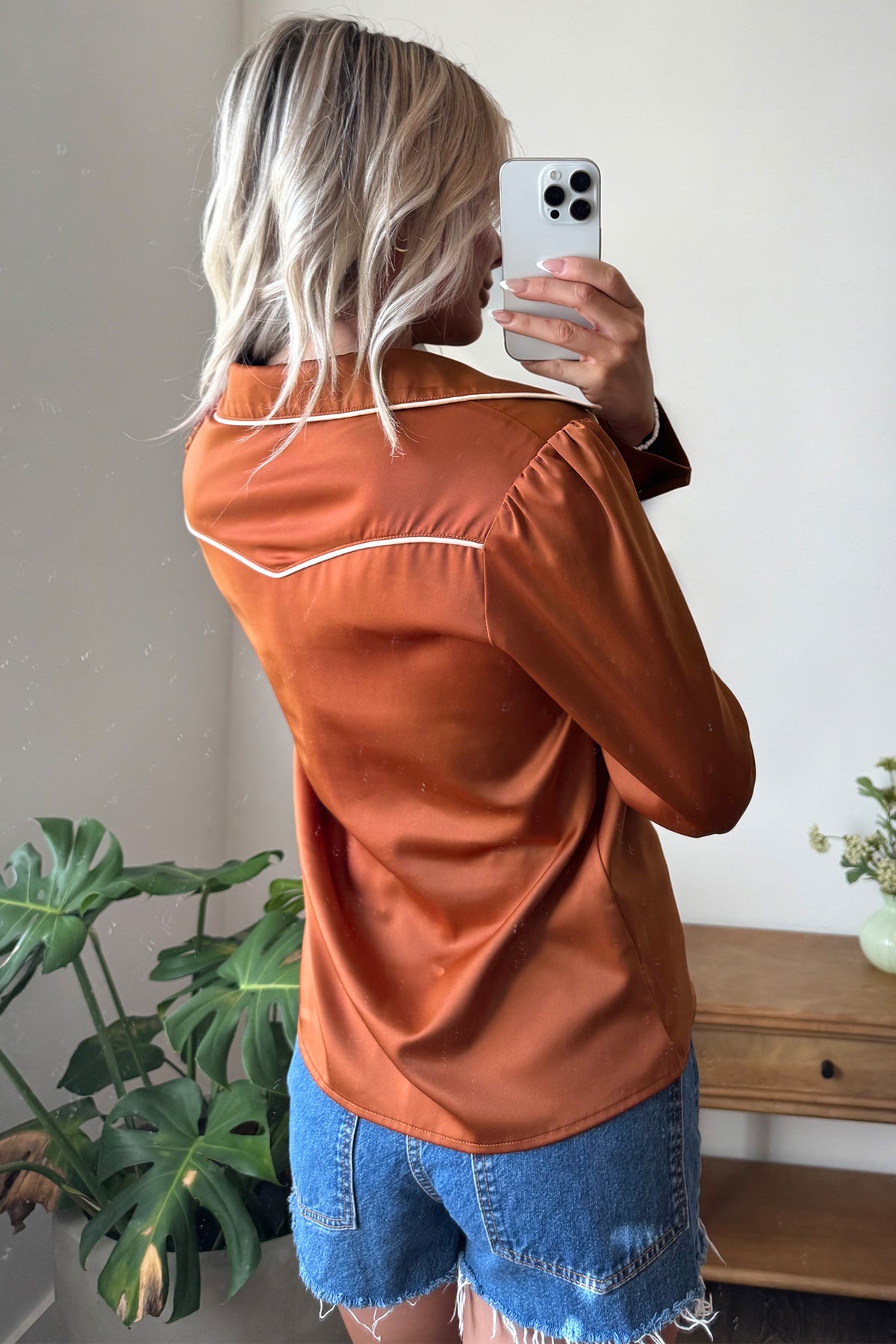 Cinnamon Silky Long Sleeve Button Front Western Fashion Shirt