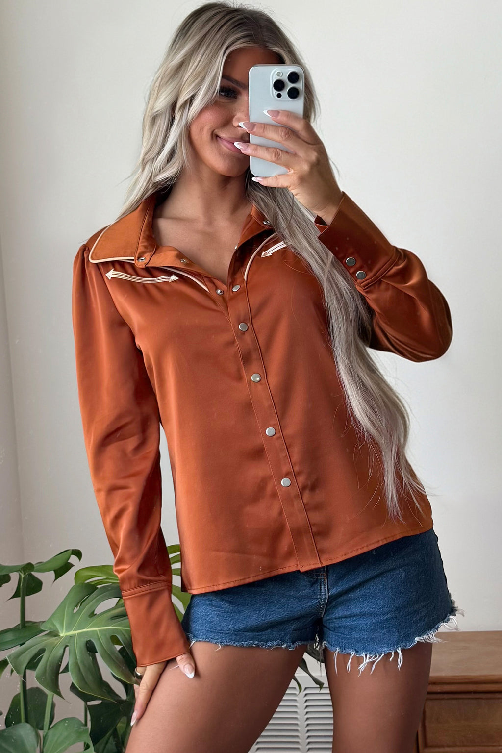 Cinnamon Silky Long Sleeve Button Front Western Fashion Shirt