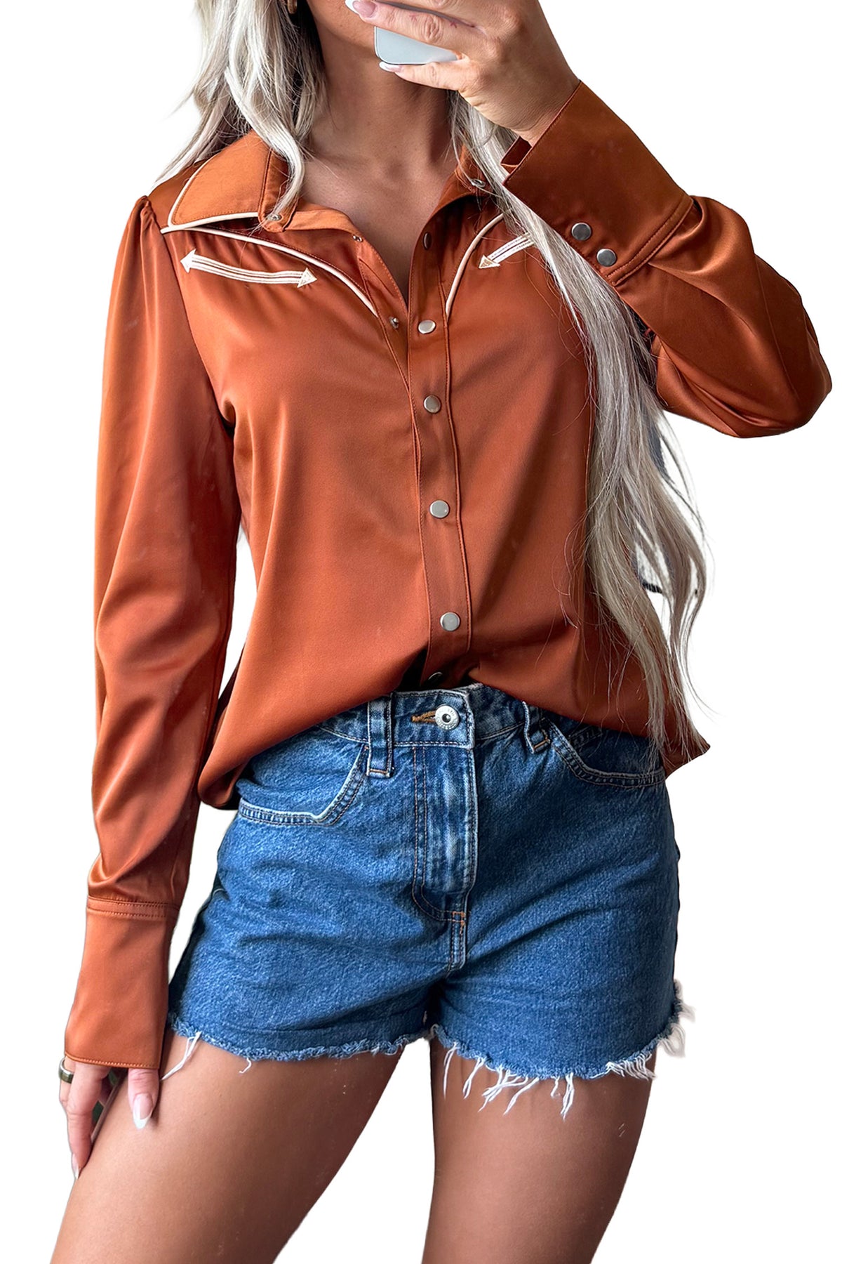 Cinnamon Silky Long Sleeve Button Front Western Fashion Shirt