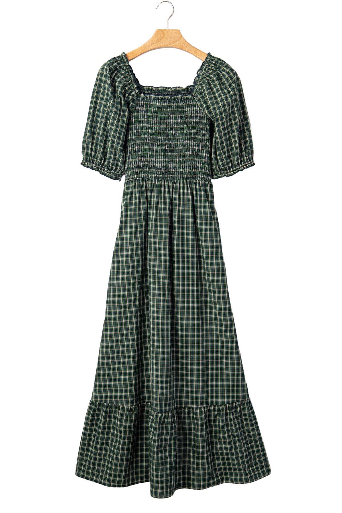 Green Plaid Square Neck Shirred High Waist Ruffle Hem Dress
