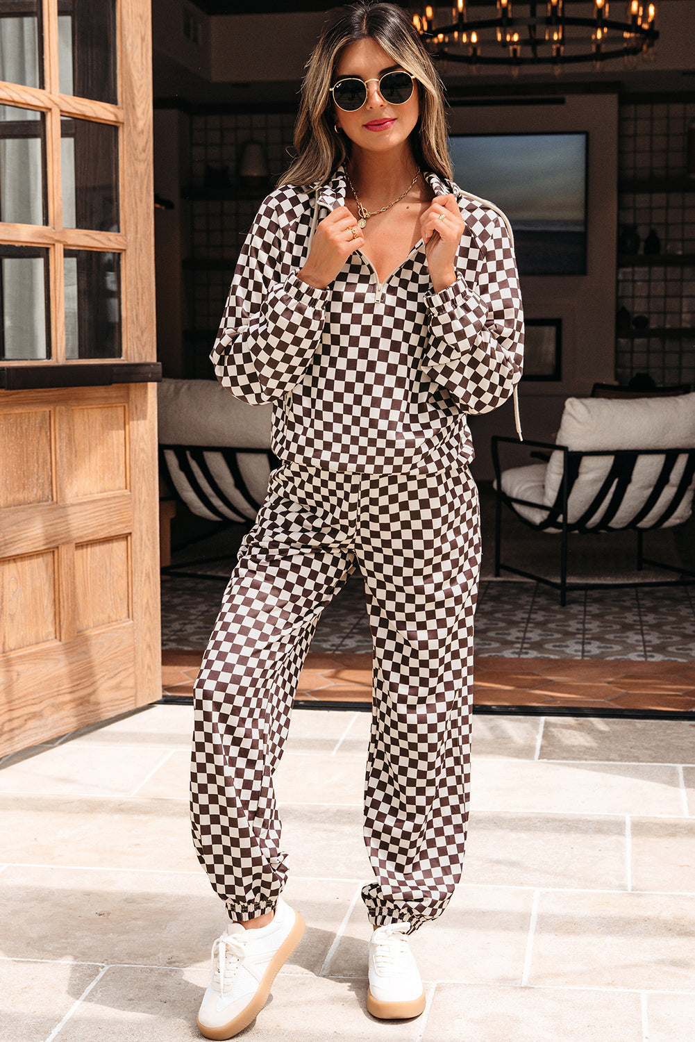 Black Athleisure Checkered 2pcs Pants Set