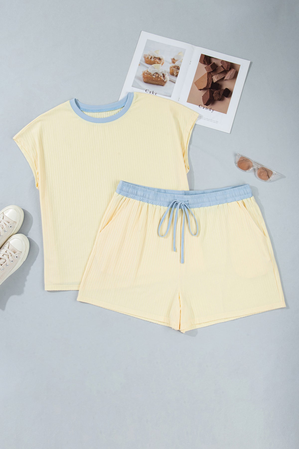 Clearly Aqua Plus Size Ribbed Color Block Trim Drawstring Shorts 2pcs Set