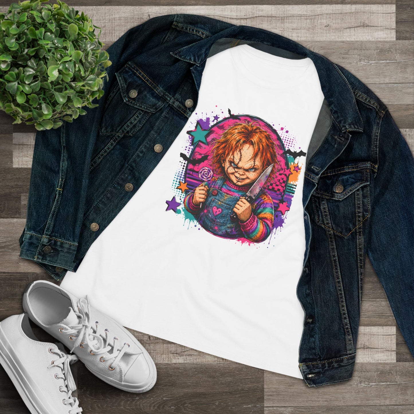 Chucky Horror Graphic Tee — Retro Neon Killer Doll Shirt for Women