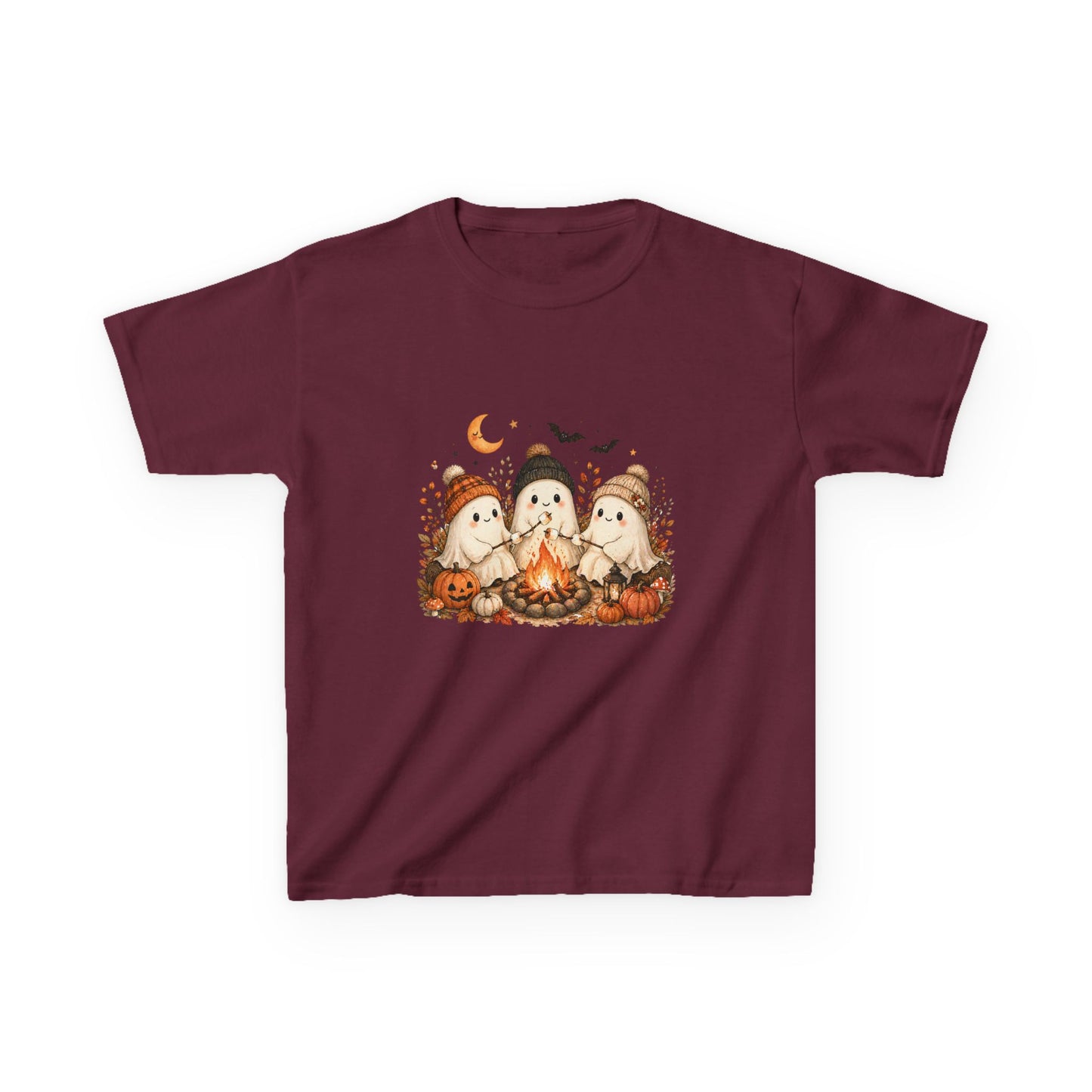 Kids Tee — Cute Halloween Ghosts Campfire Design (Pumpkins, Moon & Bats)