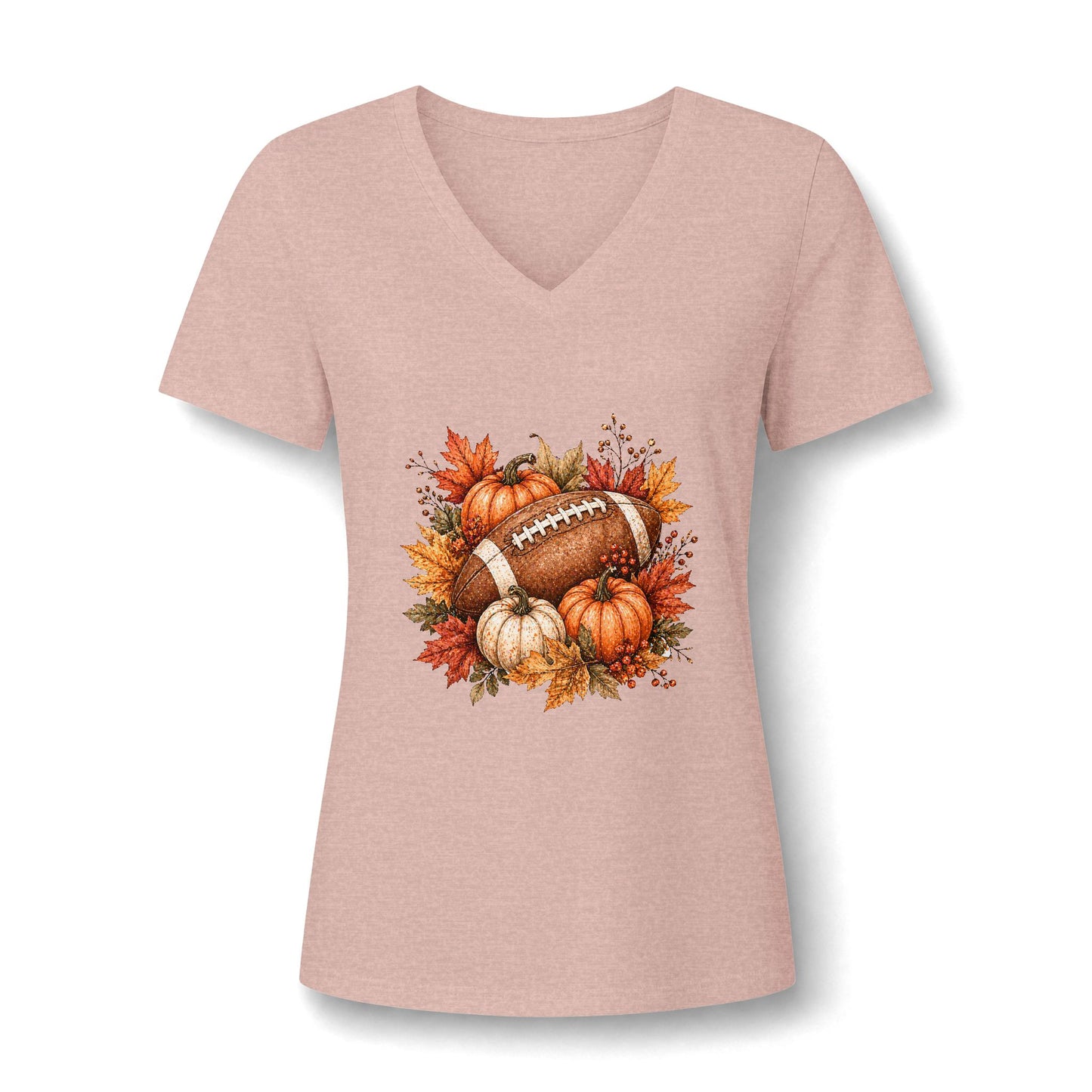 Women's V-Neck Tee — Fall Football Pumpkin Design
