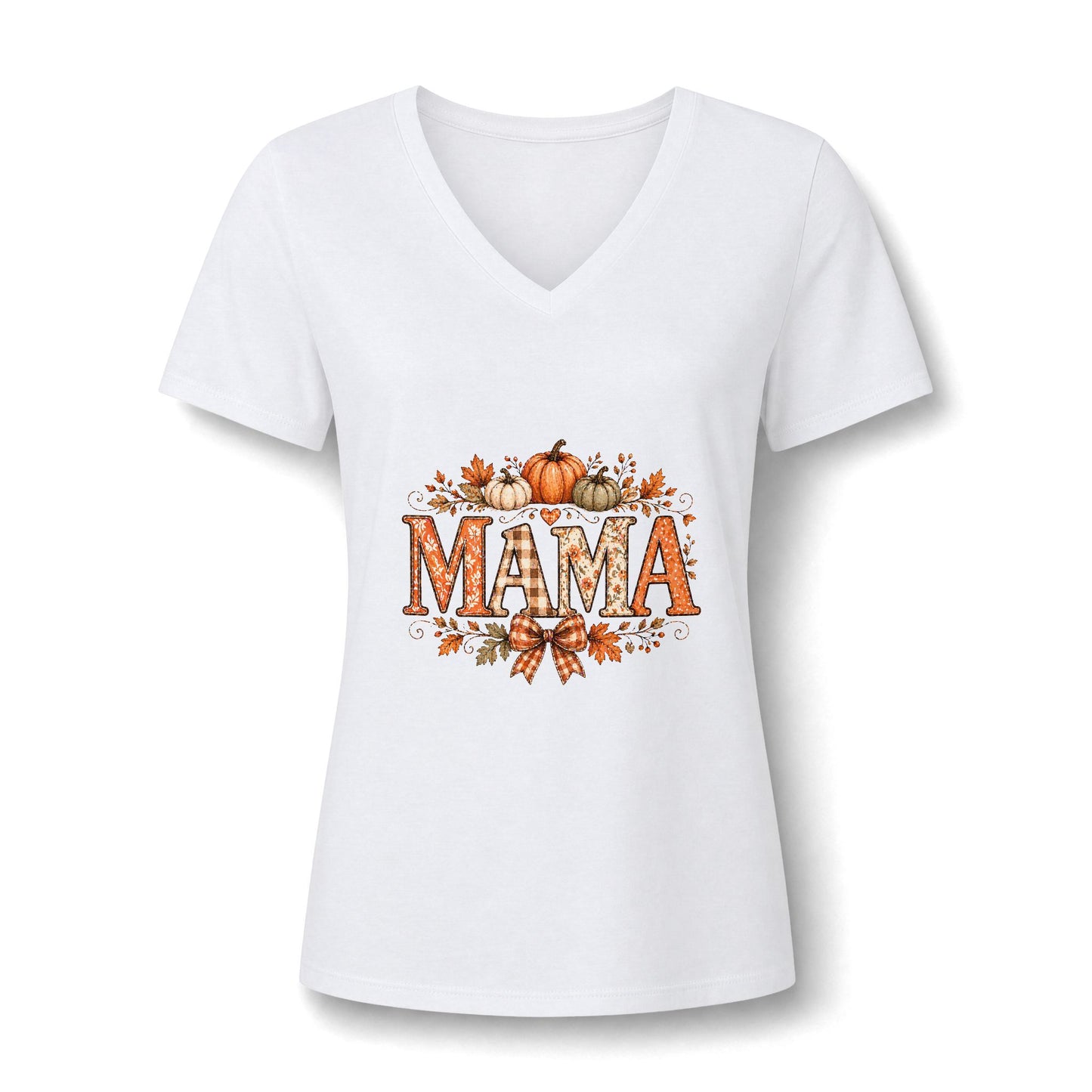 Mama Fall V-Neck Tee — Pumpkin & Autumn Leaves Graphic