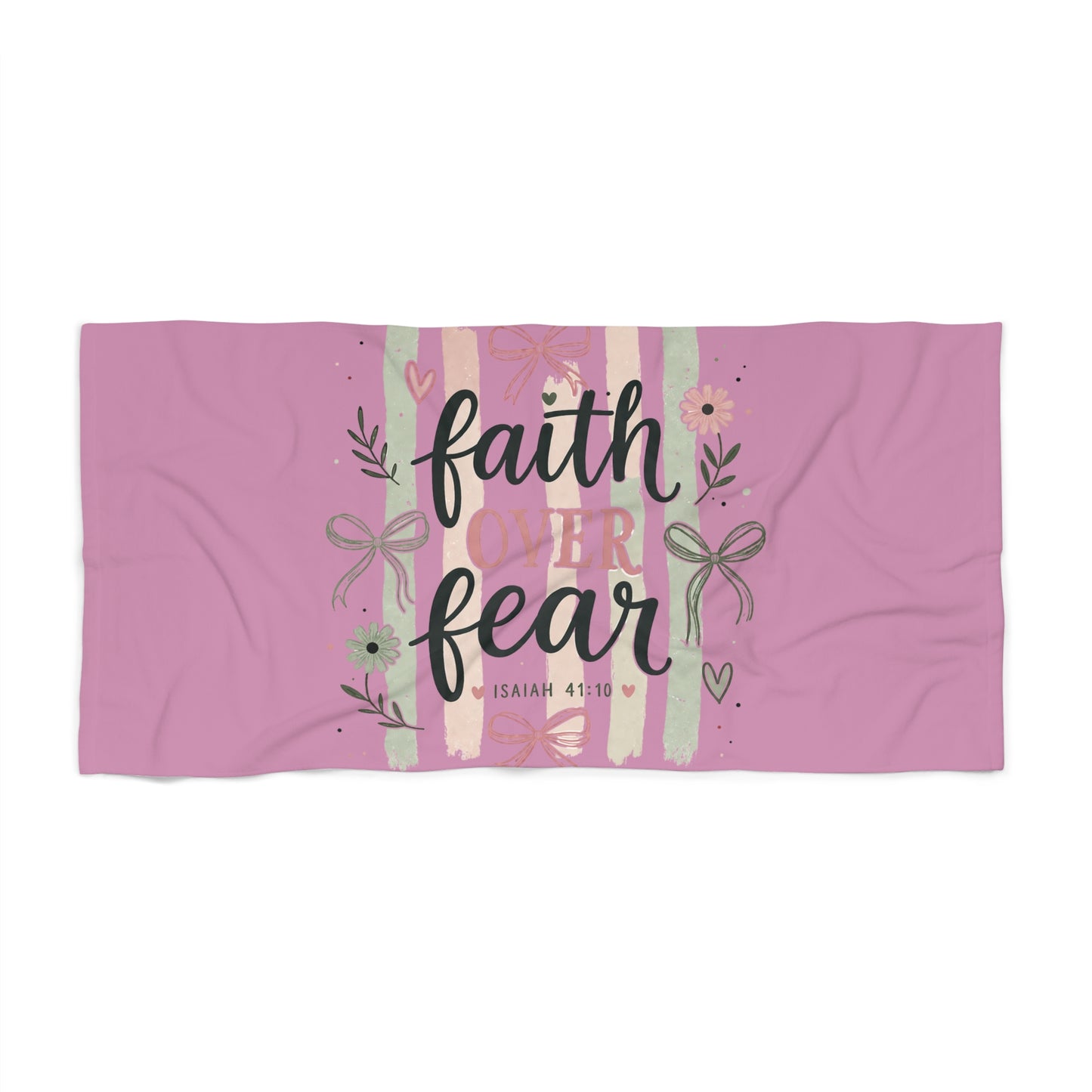 Faith Over Fear Beach Towel — Pink Floral Christian Scripture Isaiah 41:10