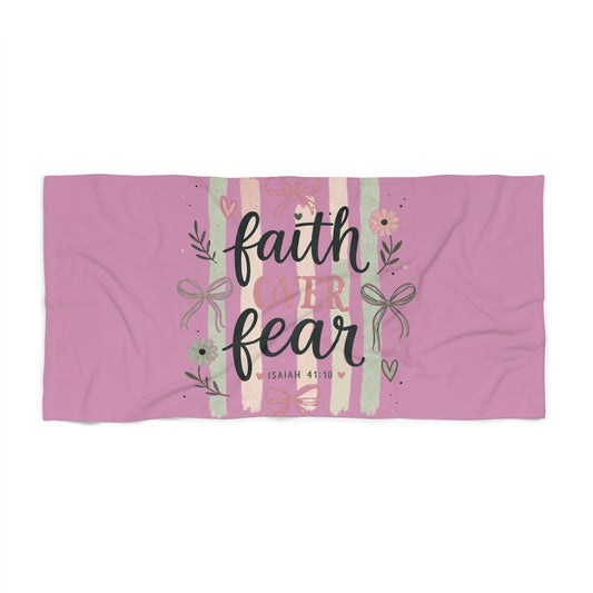 Faith Over Fear Beach Towel — Pink Floral Christian Scripture Isaiah 41:10