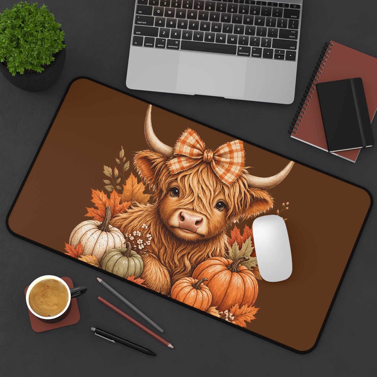 Autumn Highland Cow Desk Mat — Fall Pumpkin & Plaid Bow Mouse Pad