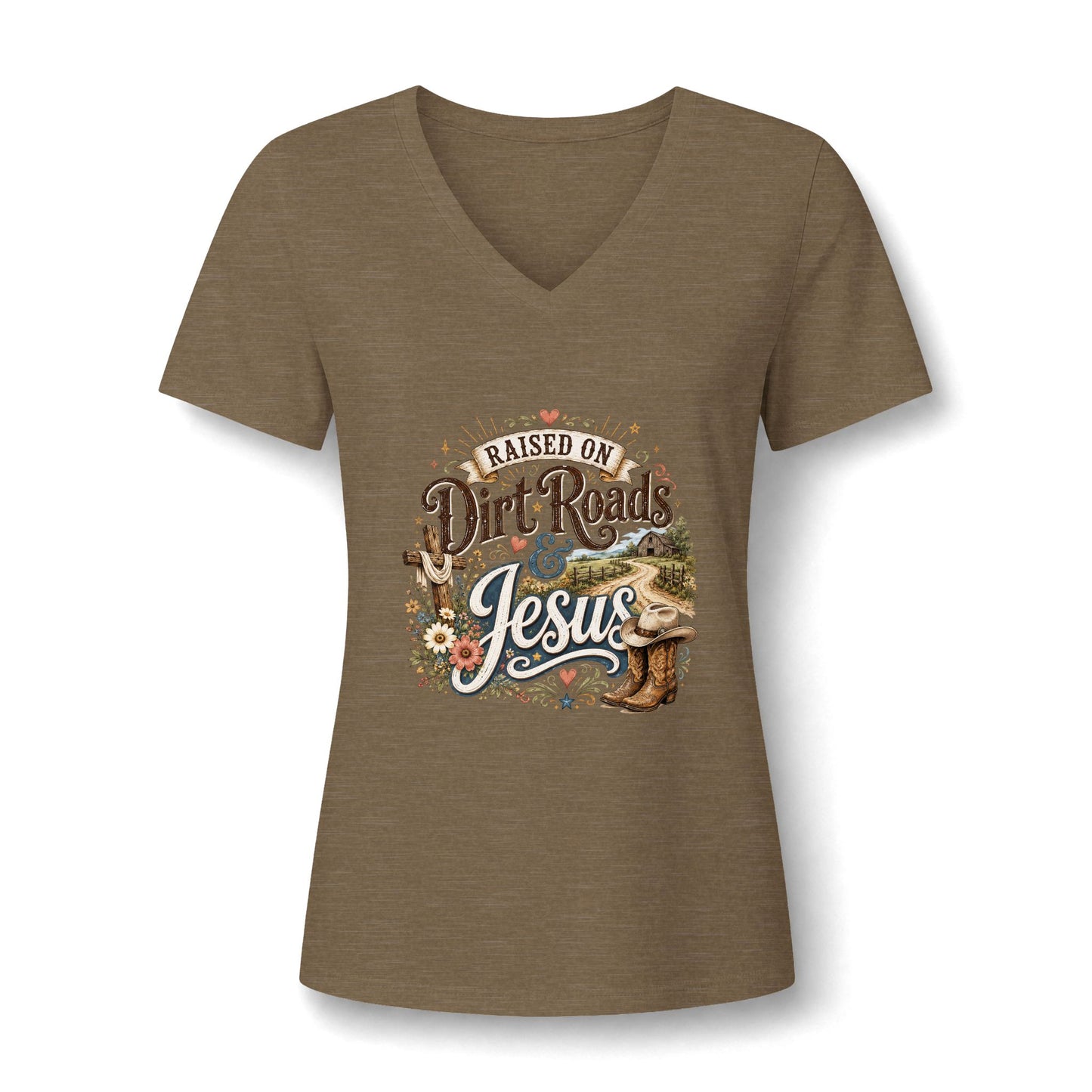 V-Neck Tee — "Raised on Dirt Roads & Jesus" Graphic Women’s Shirt