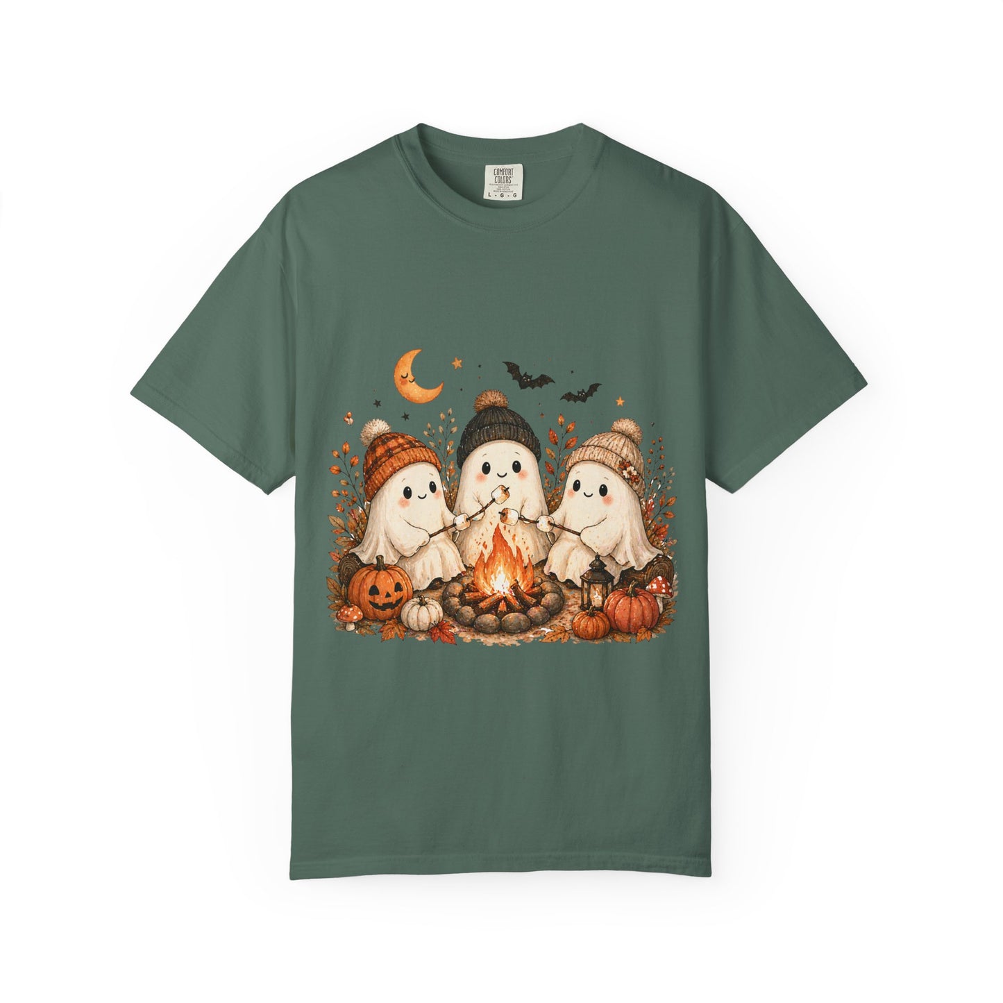 Halloween Ghost Trio Campfire T-Shirt — Cute Spooky Pumpkin Tee