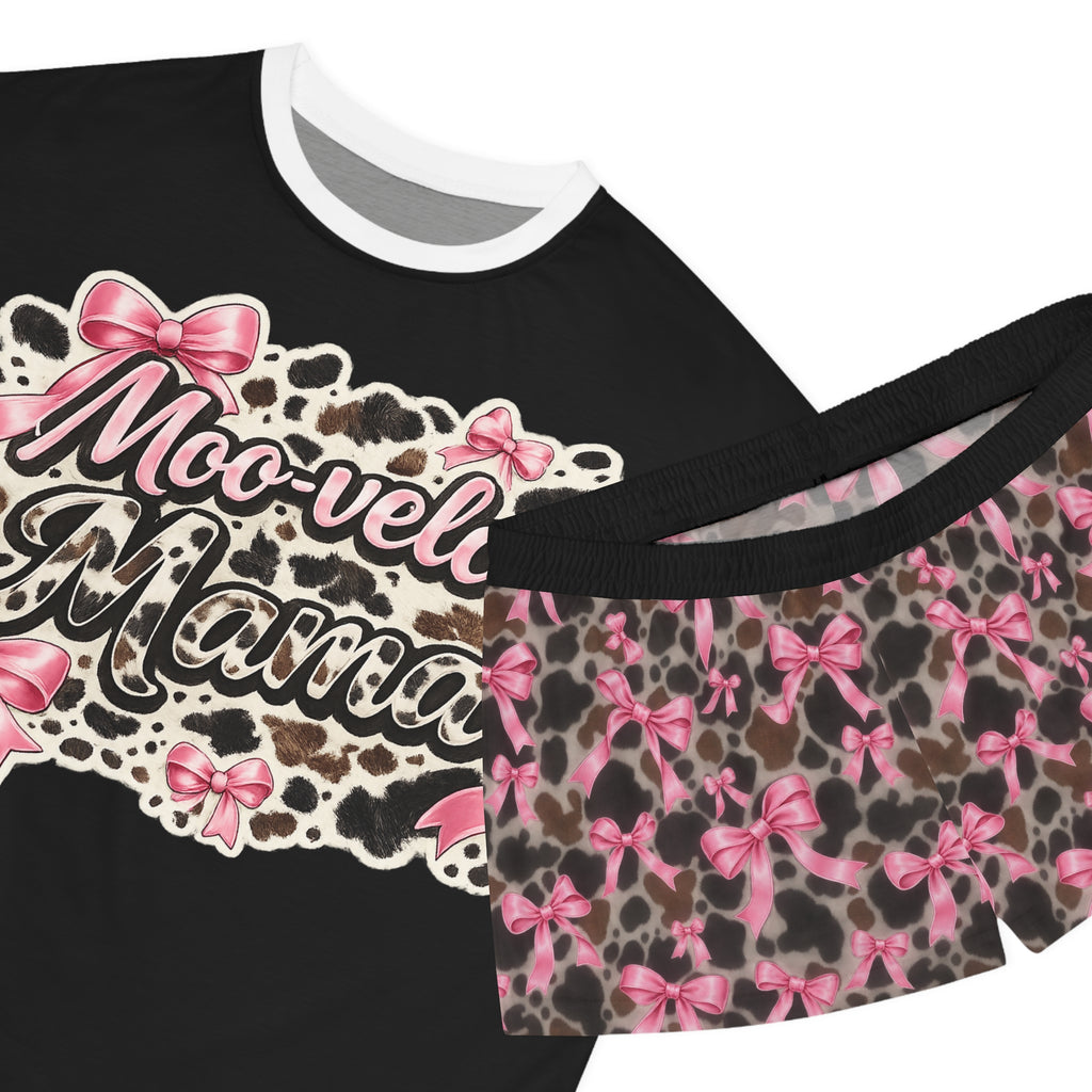 Moo-velous Mama Women's Pajama Set — Pink Cow Print Shorts & Graphic Tee
