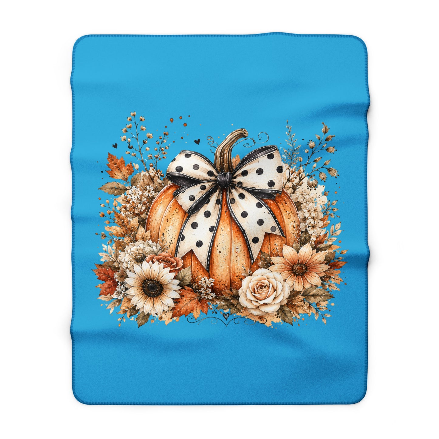 Fall Pumpkin Floral Sherpa Blanket — Cozy Autumn Throw with Polka Dot Bow