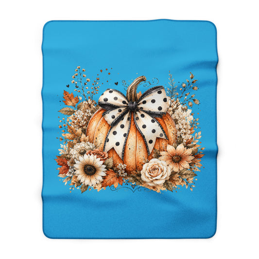 Fall Pumpkin Floral Sherpa Blanket — Cozy Autumn Throw with Polka Dot Bow