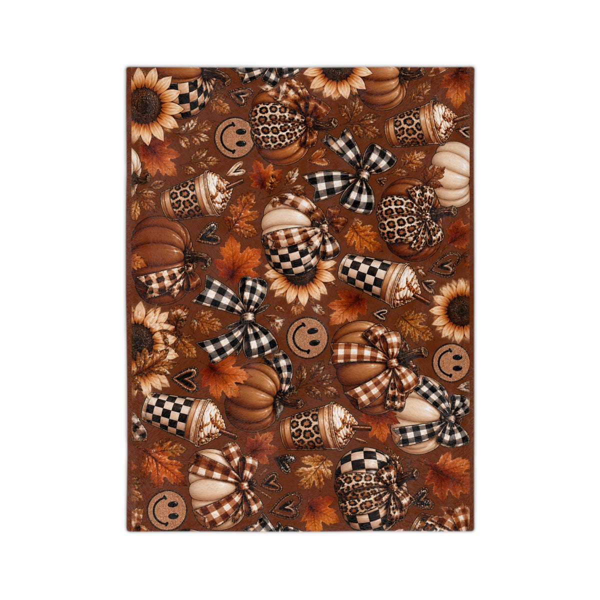 Autumn Pumpkin Patch Velveteen Blanket — Cozy Fall Throw with Plaid & Sunflower Design