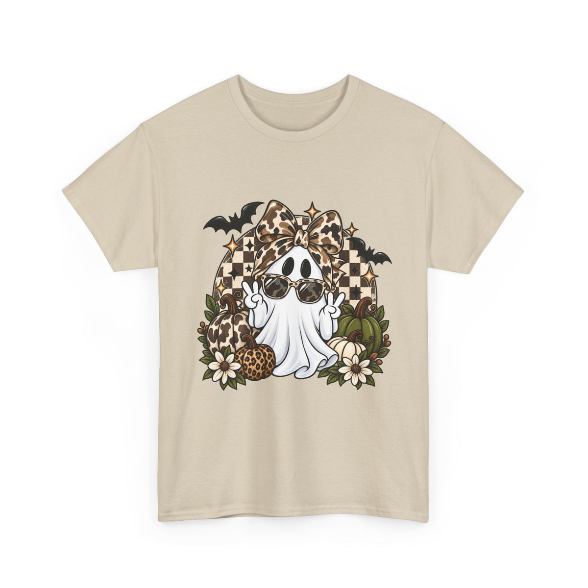 Halloween Ghost Tee — Retro Leopard & Checkerboard Spooky Graphic