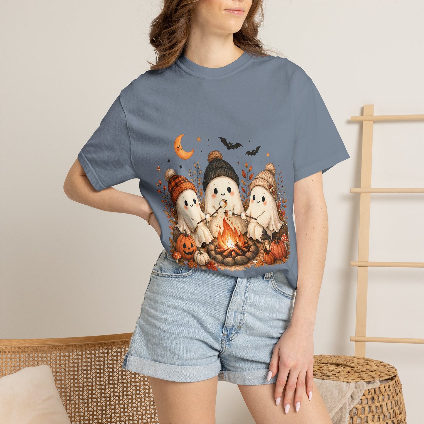 Halloween Ghost Trio Campfire T-Shirt — Cute Spooky Pumpkin Tee