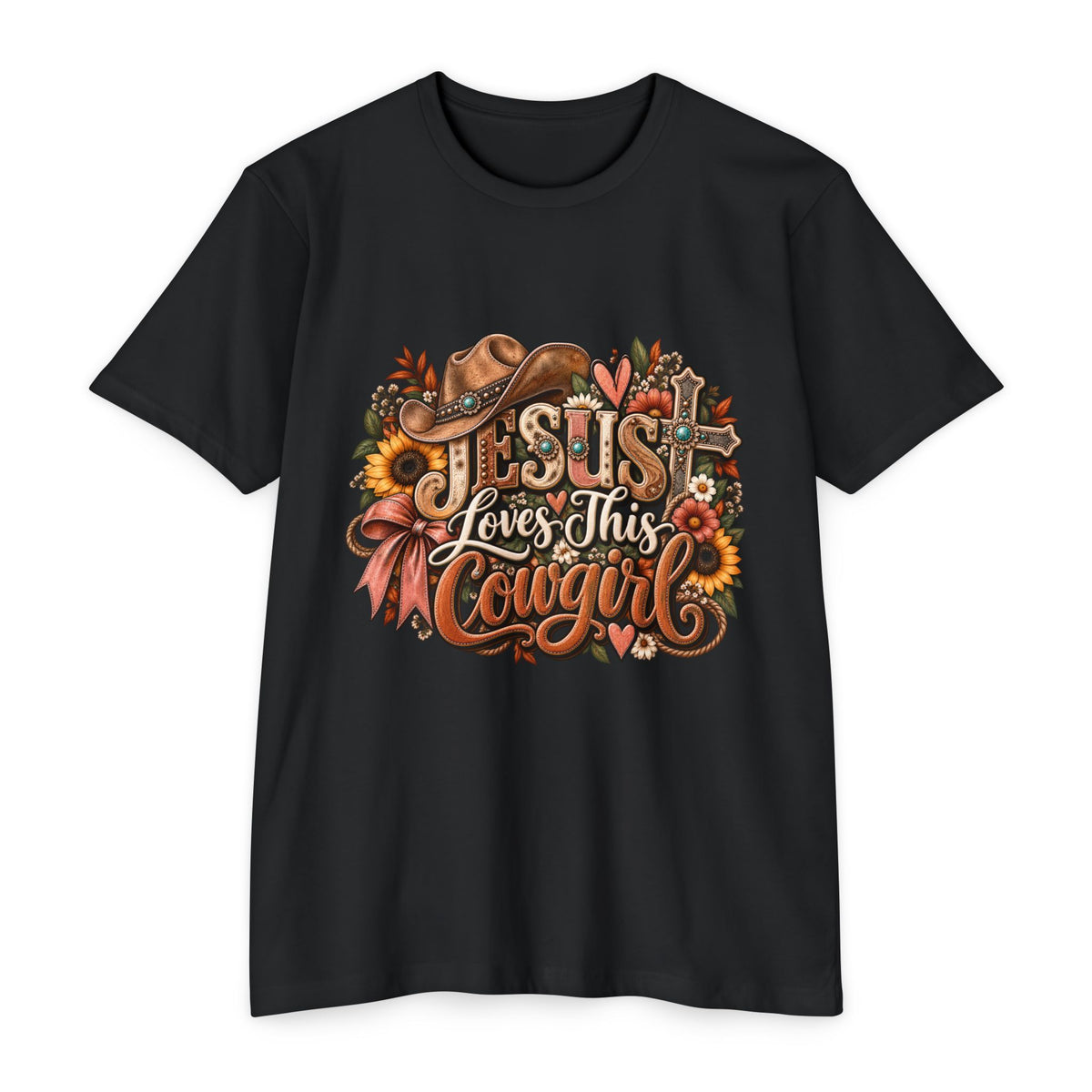 Jesus Loves This Cowgirl T-Shirt — Western Christian Graphic Tee with Sunflowers & Cowboy Hat