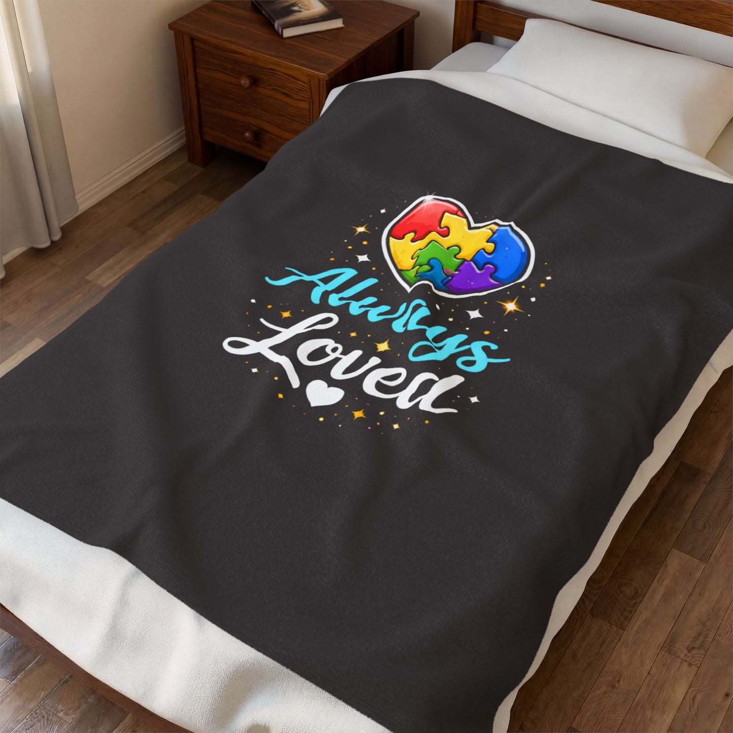 Always Loved Plush Blanket — Rainbow Puzzle Heart Autism Awareness Velveteen Throw