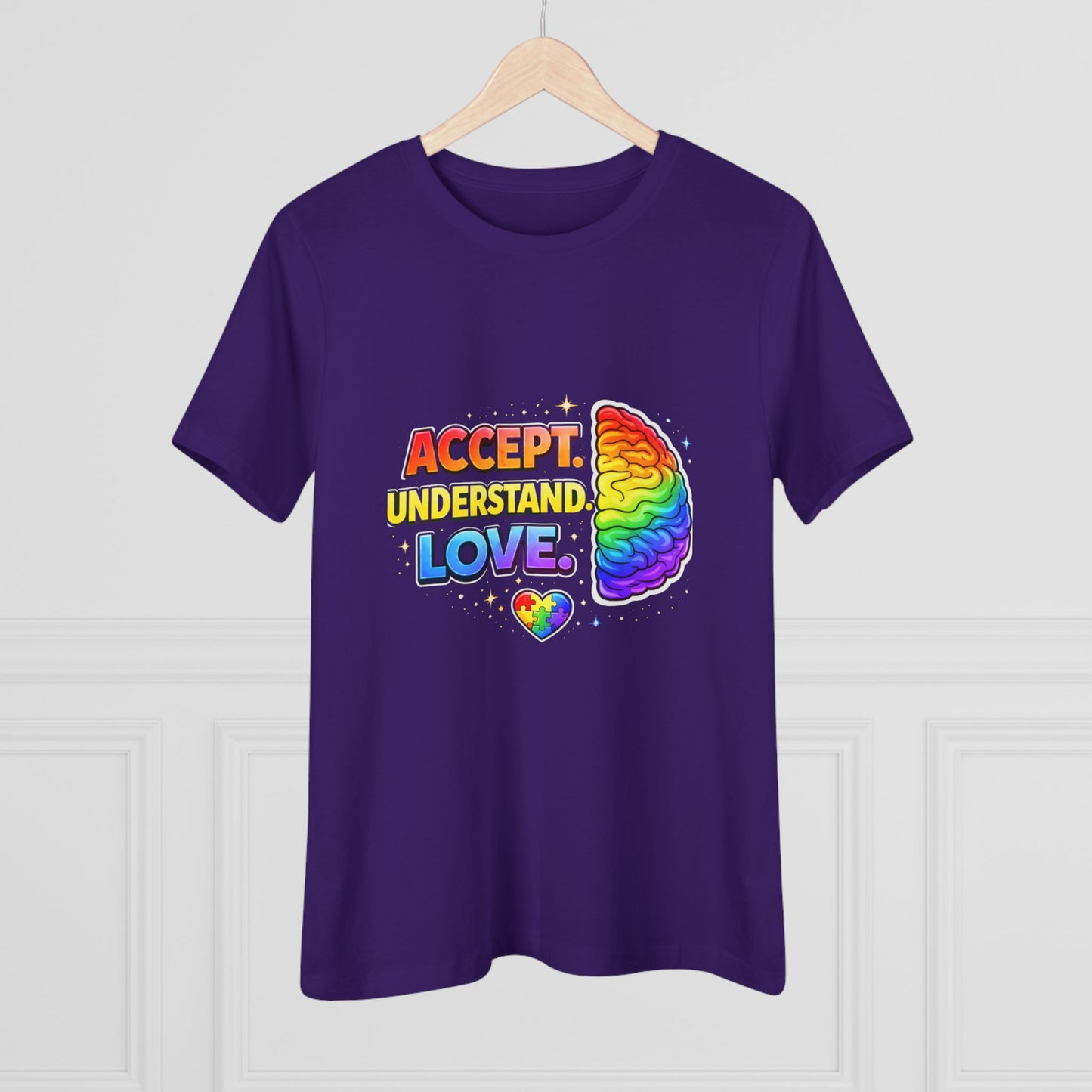 Accept Understand Love Rainbow Brain Women's Tee — LGBTQ+ Pride Mental Health Awareness Shirt