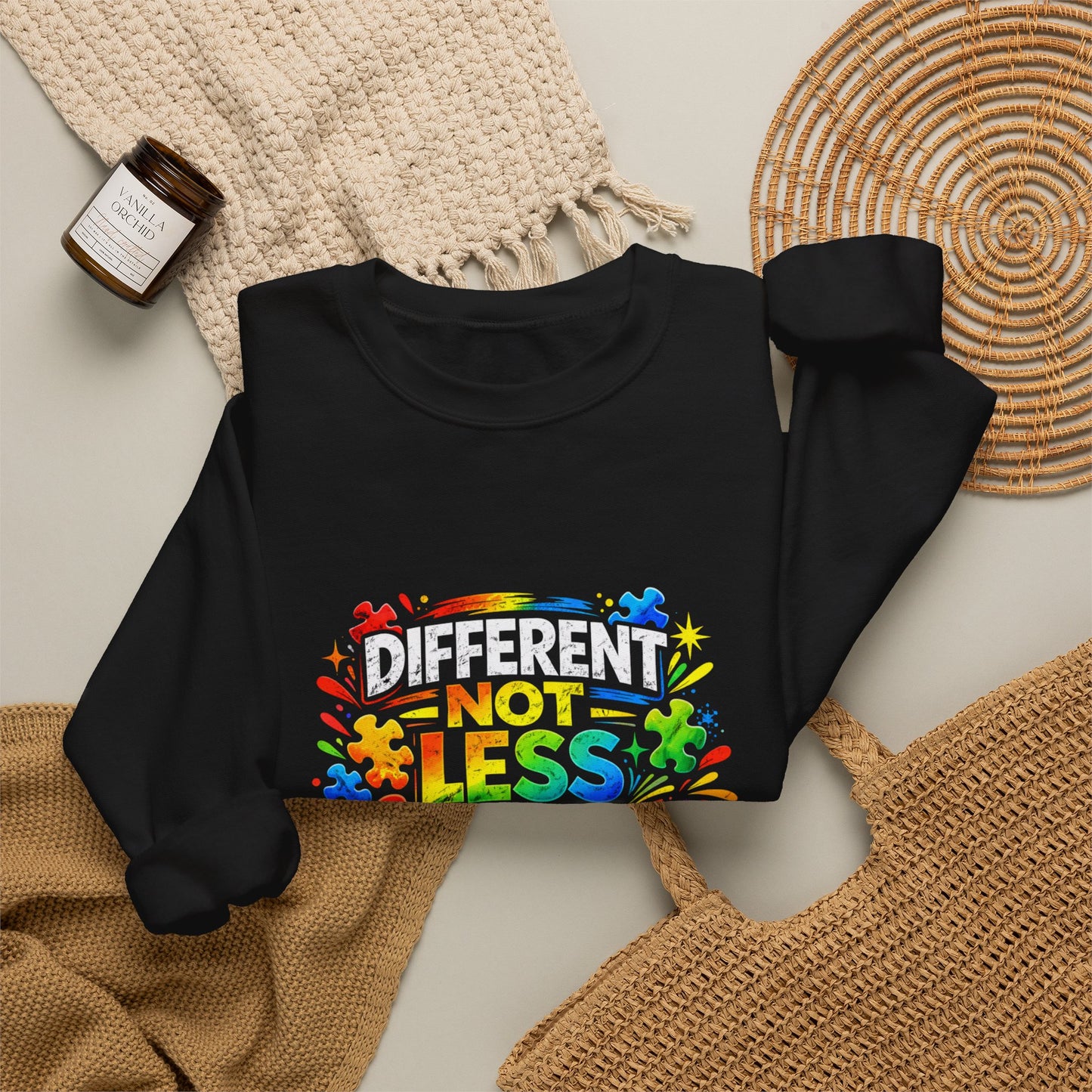 Autism Awareness Crewneck — "Different Not Less" Rainbow Sweatshirt