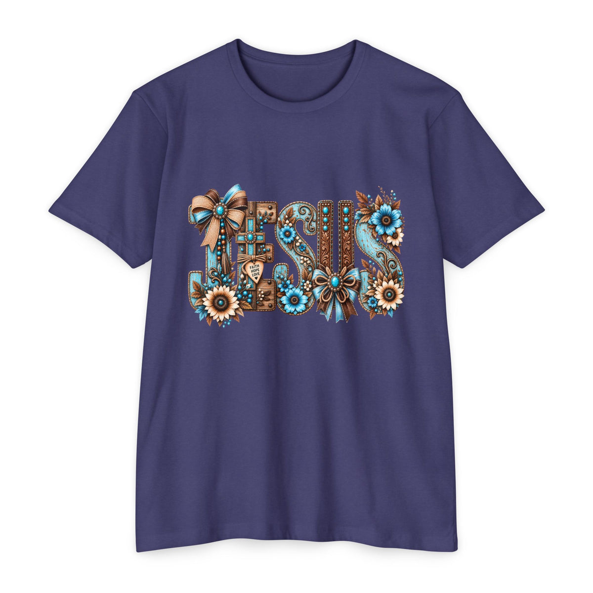 Jesus Floral Typography T-Shirt — Rustic Blue & Brown Christian Tee