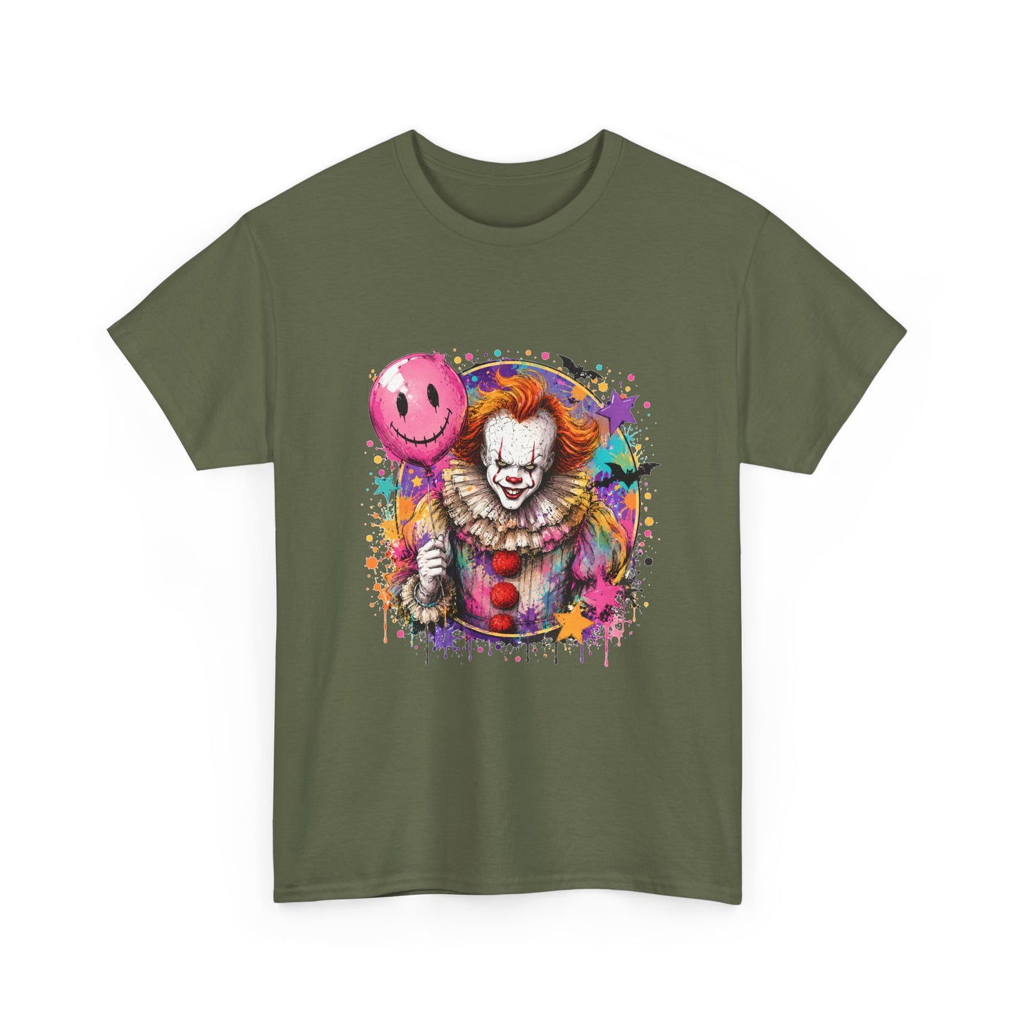 Clown Horror Graphic Tee — Colorful Scary Clown with Pink Balloon