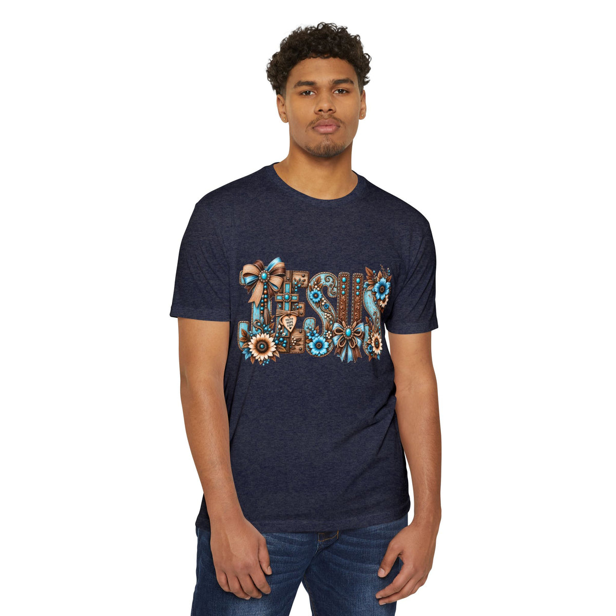 Jesus Floral Typography T-Shirt — Rustic Blue & Brown Christian Tee