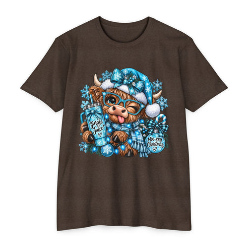 Christmas Highland Cow T-Shirt — Cute Winter Cow with Hot Cocoa & Snowflakes