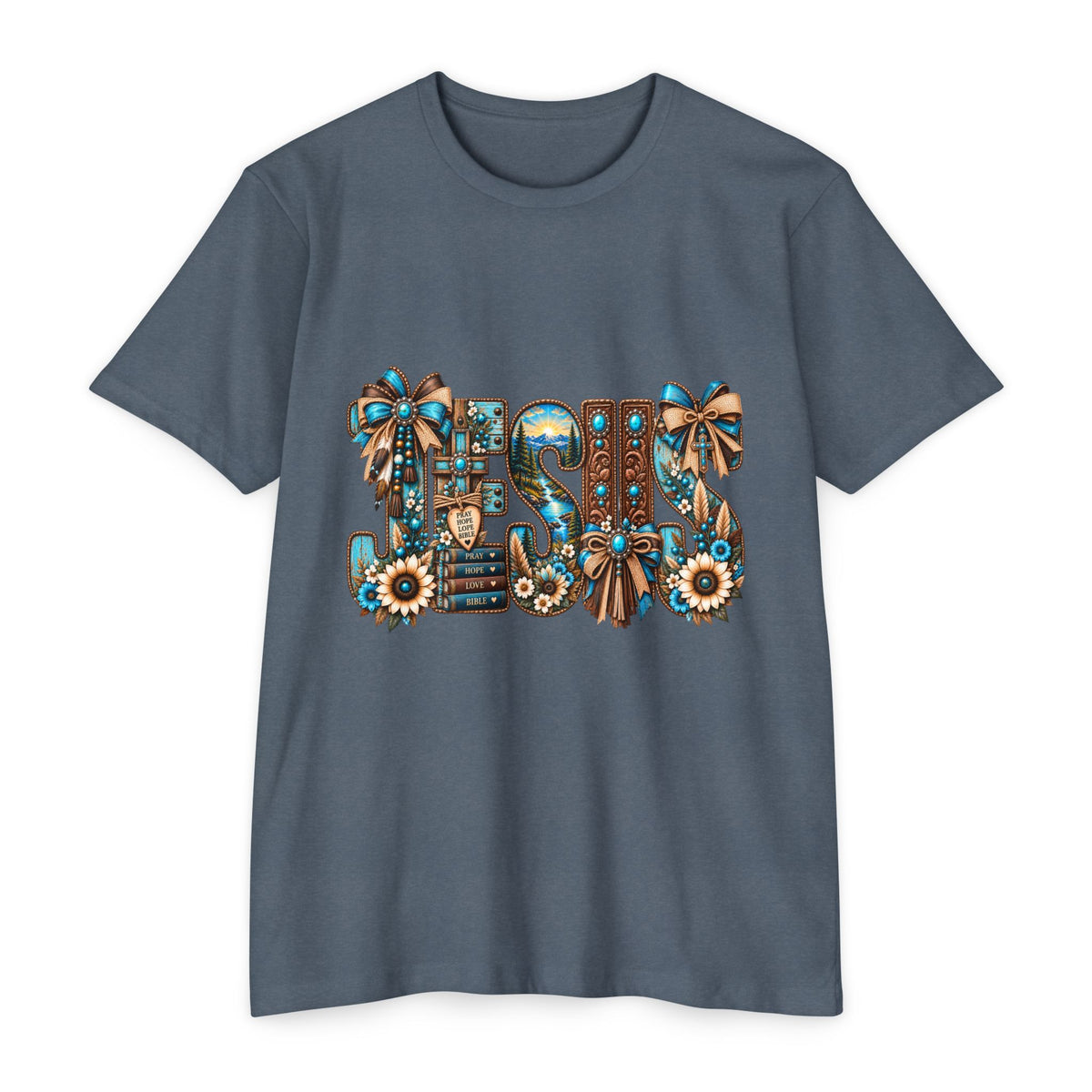 Jesus Floral Graphic T-Shirt — Decorative Faith Tee with Bows & Sunflowers