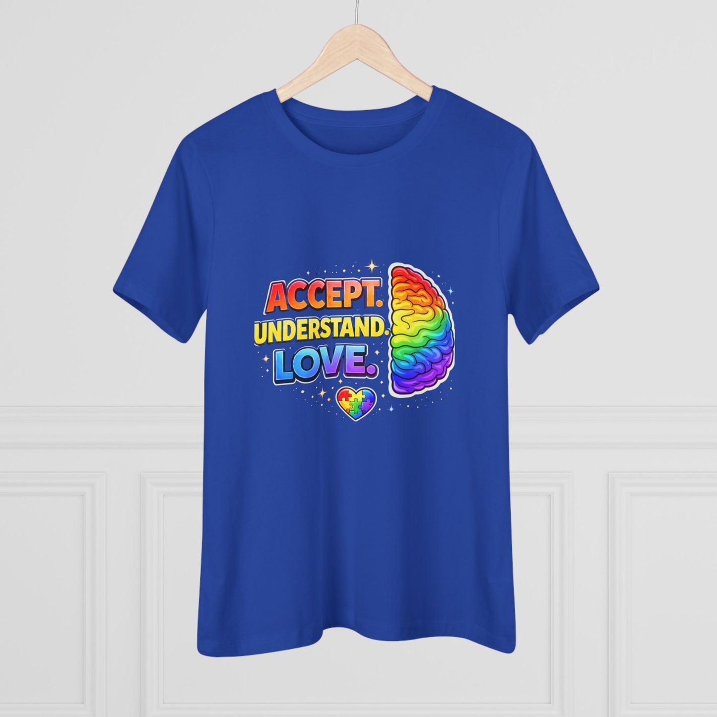 Accept Understand Love Rainbow Brain Women's Tee — LGBTQ+ Pride Mental Health Awareness Shirt