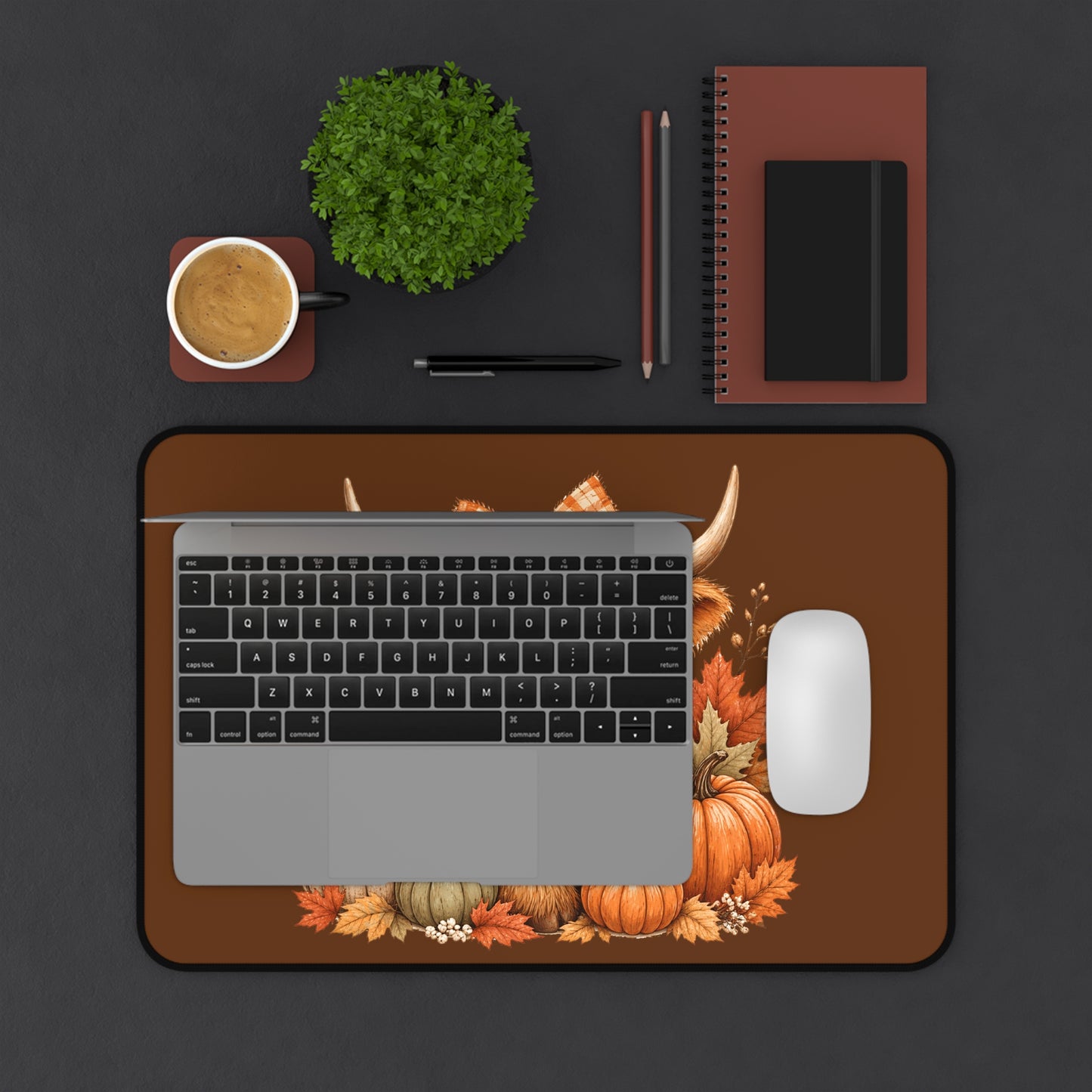 Autumn Highland Cow Desk Mat — Fall Pumpkin & Plaid Bow Mouse Pad