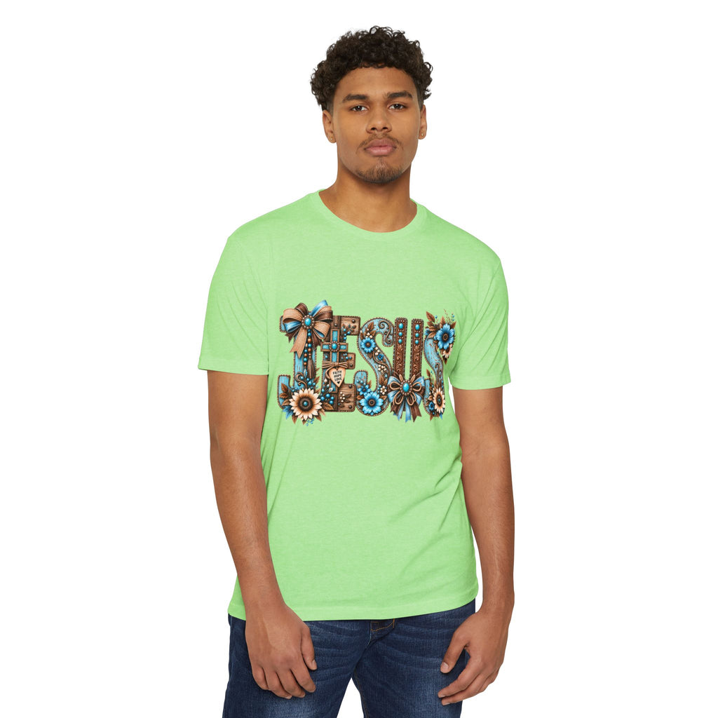 Jesus Floral Typography T-Shirt — Rustic Blue & Brown Christian Tee