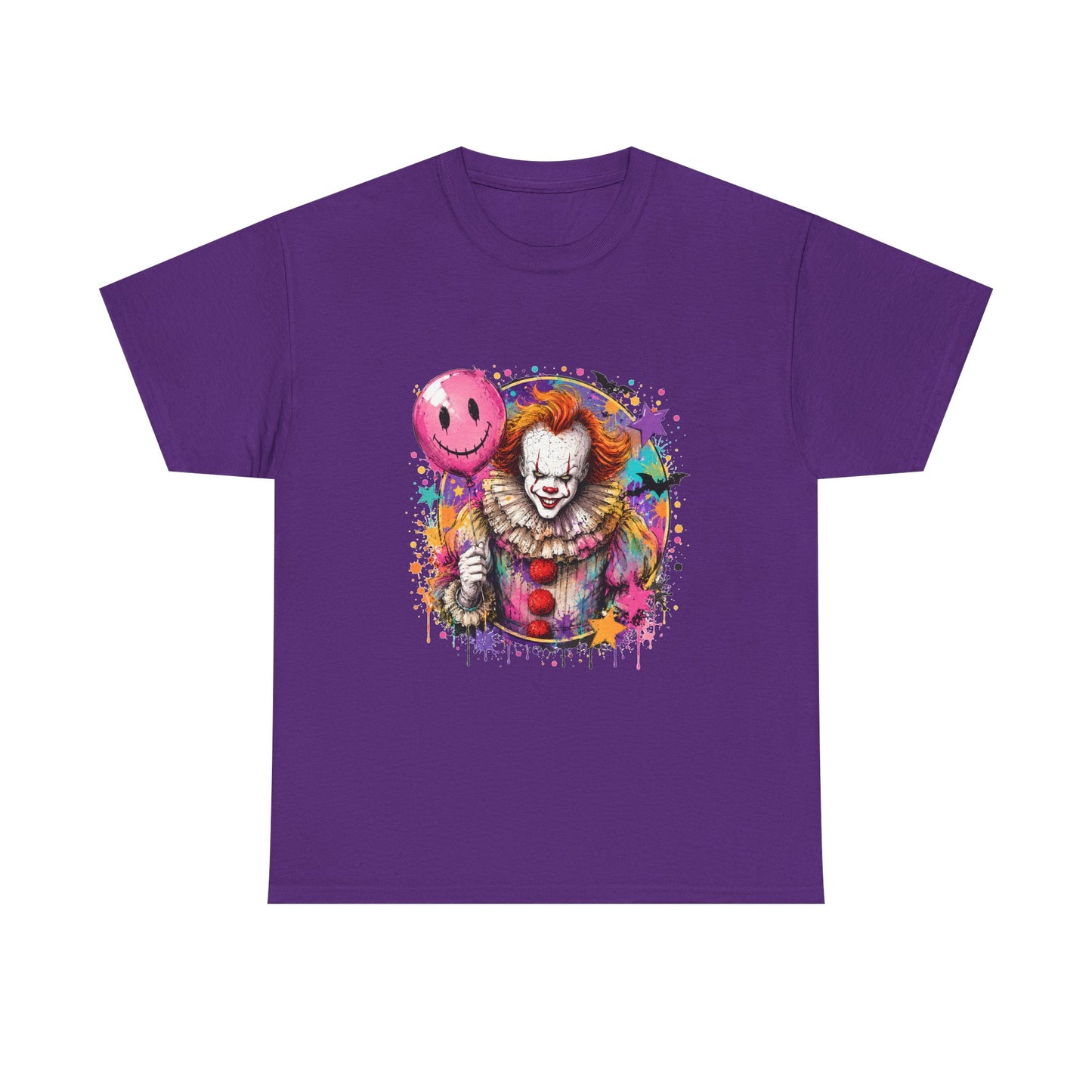 Clown Horror Graphic Tee — Colorful Scary Clown with Pink Balloon