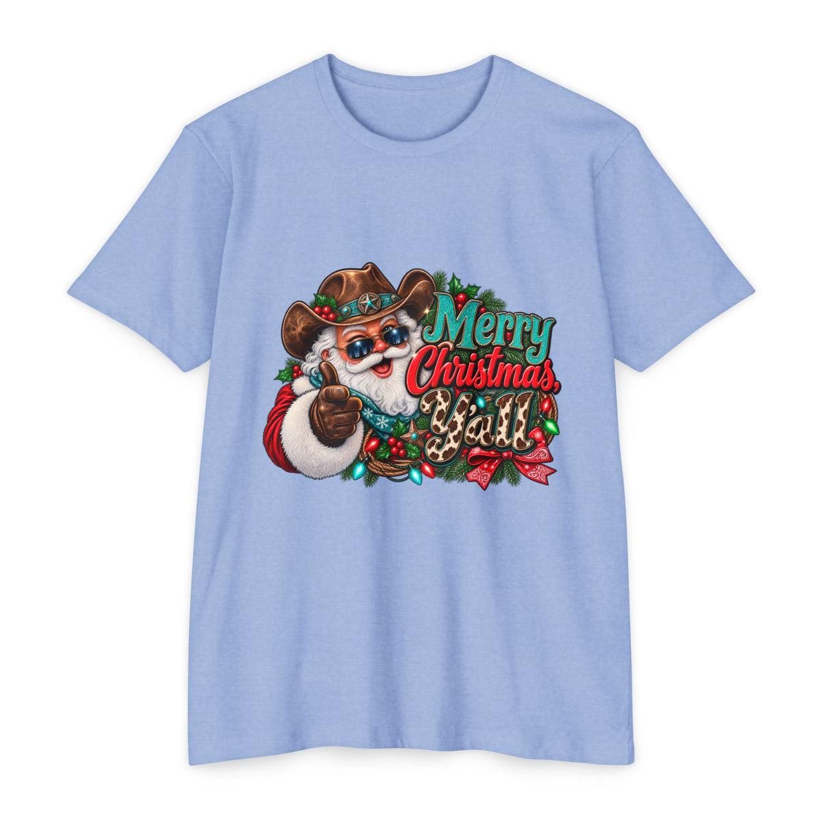 Christmas Cowboy Santa T-Shirt — "Merry Christmas Y'all" Holiday Tee