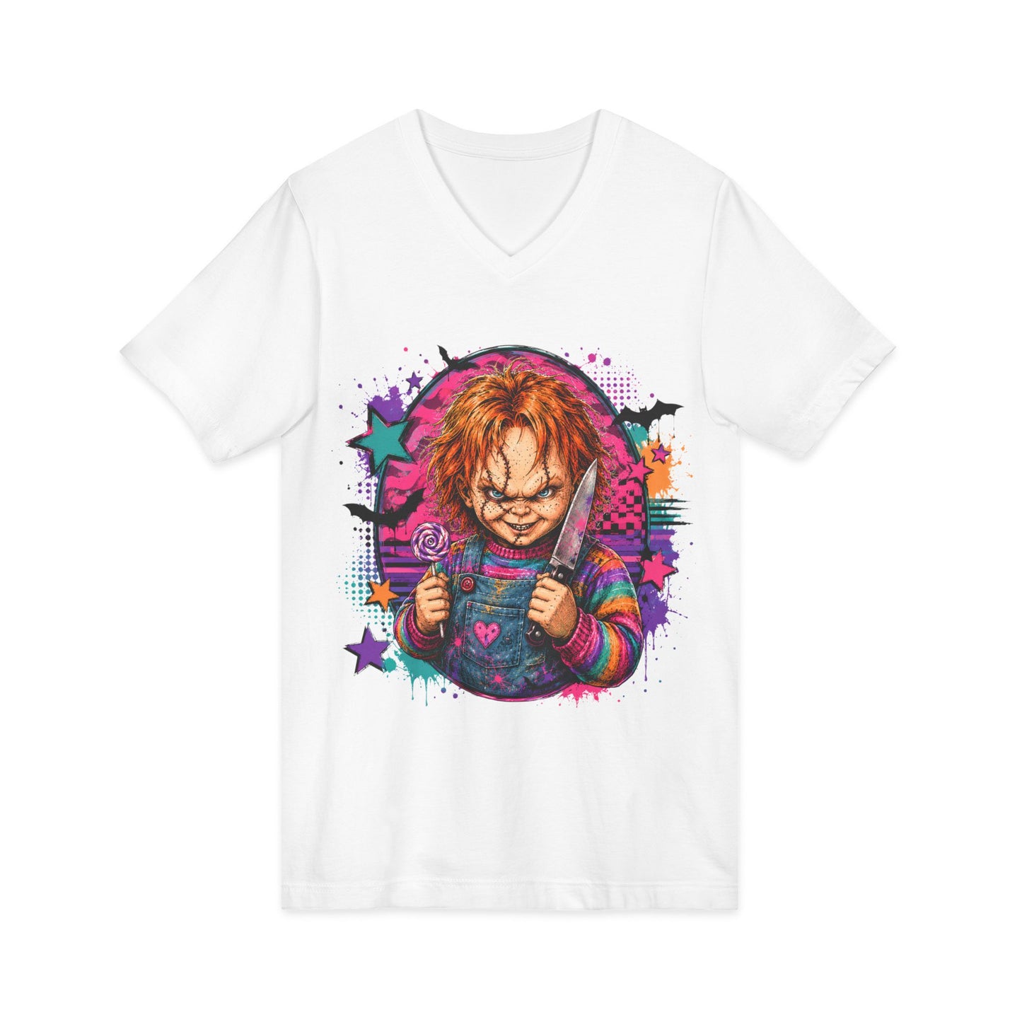 Horror Doll V-Neck Tee — Colorful Creepy Chucky Graphic Shirt