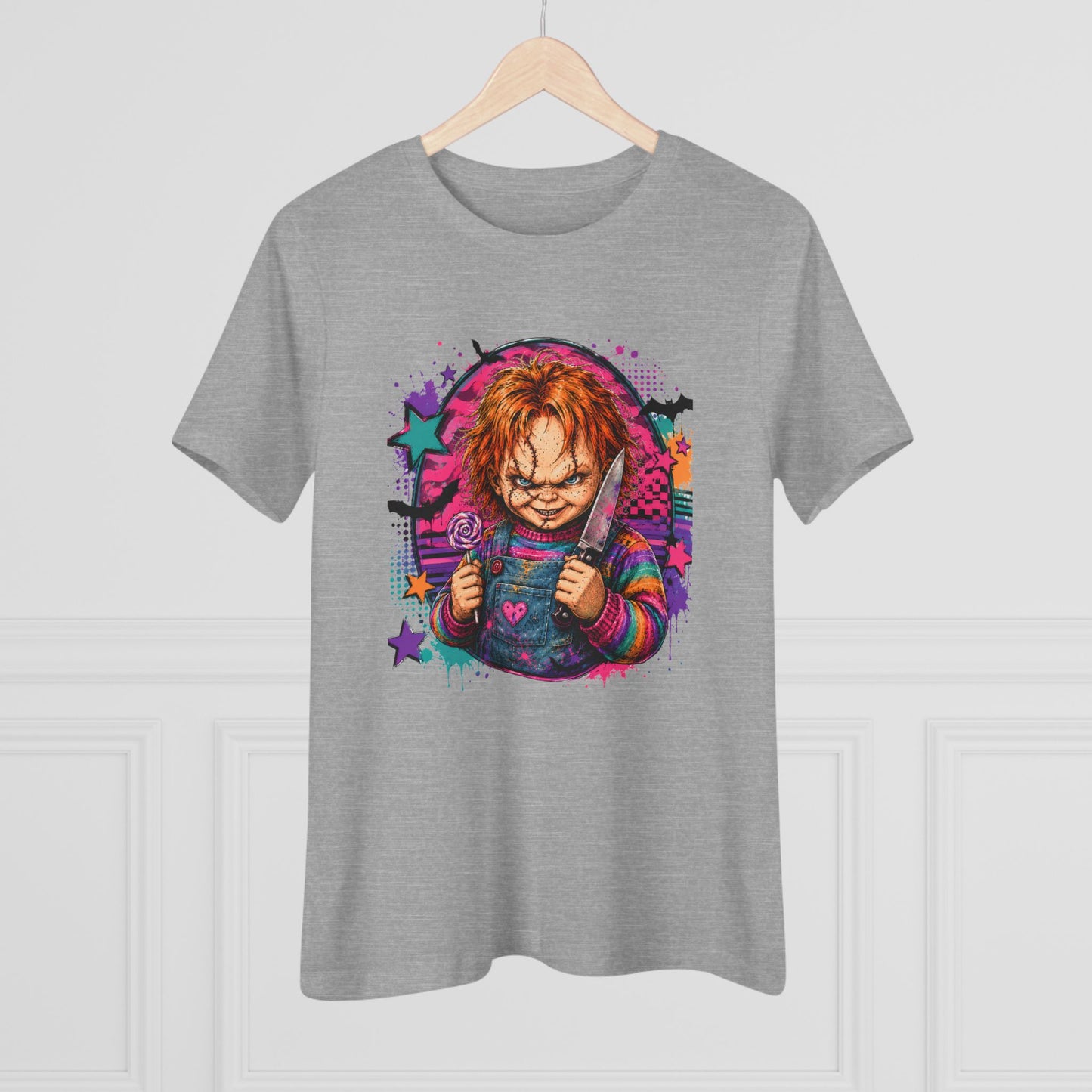 Chucky Horror Graphic Tee — Retro Neon Killer Doll Shirt for Women