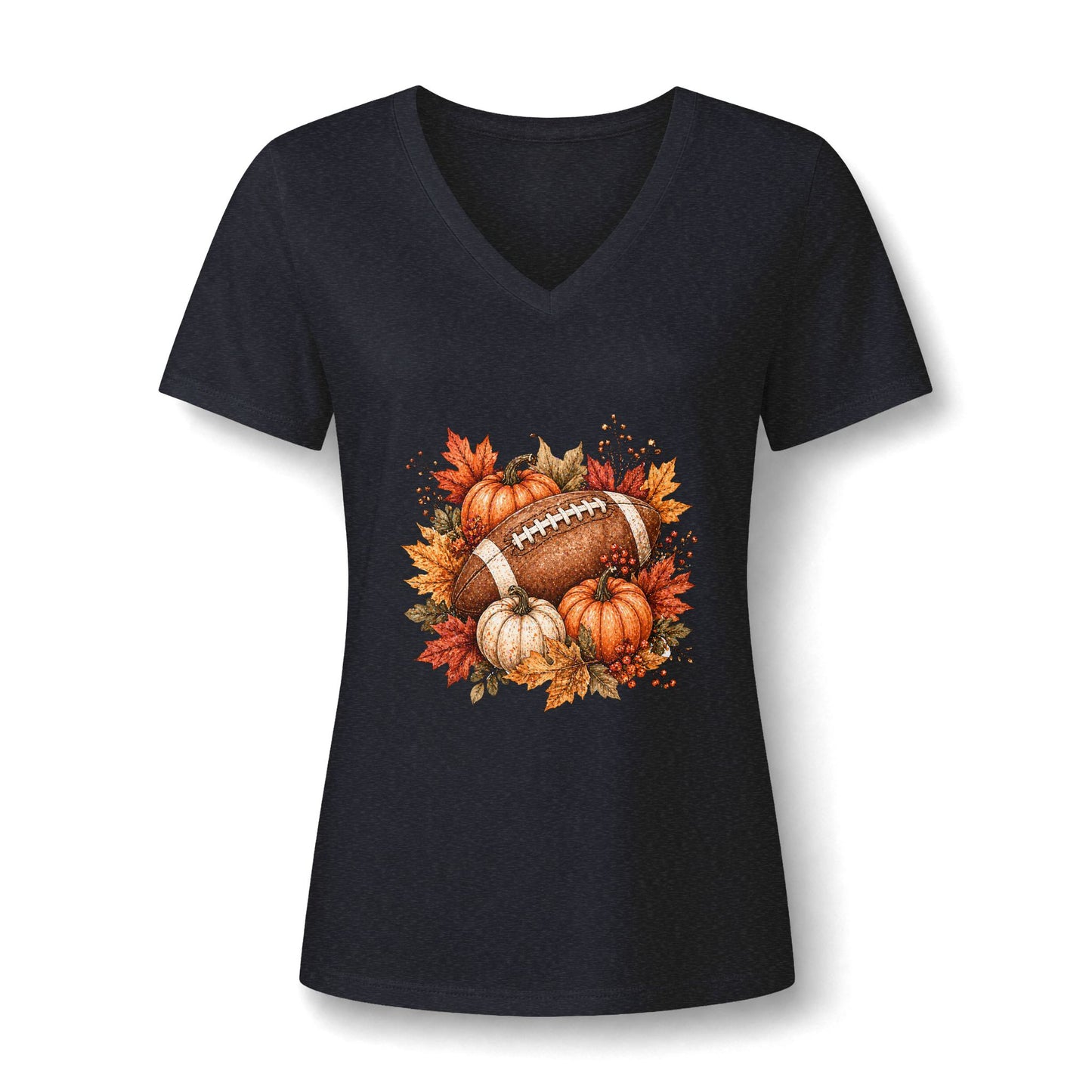 Women's V-Neck Tee — Fall Football Pumpkin Design