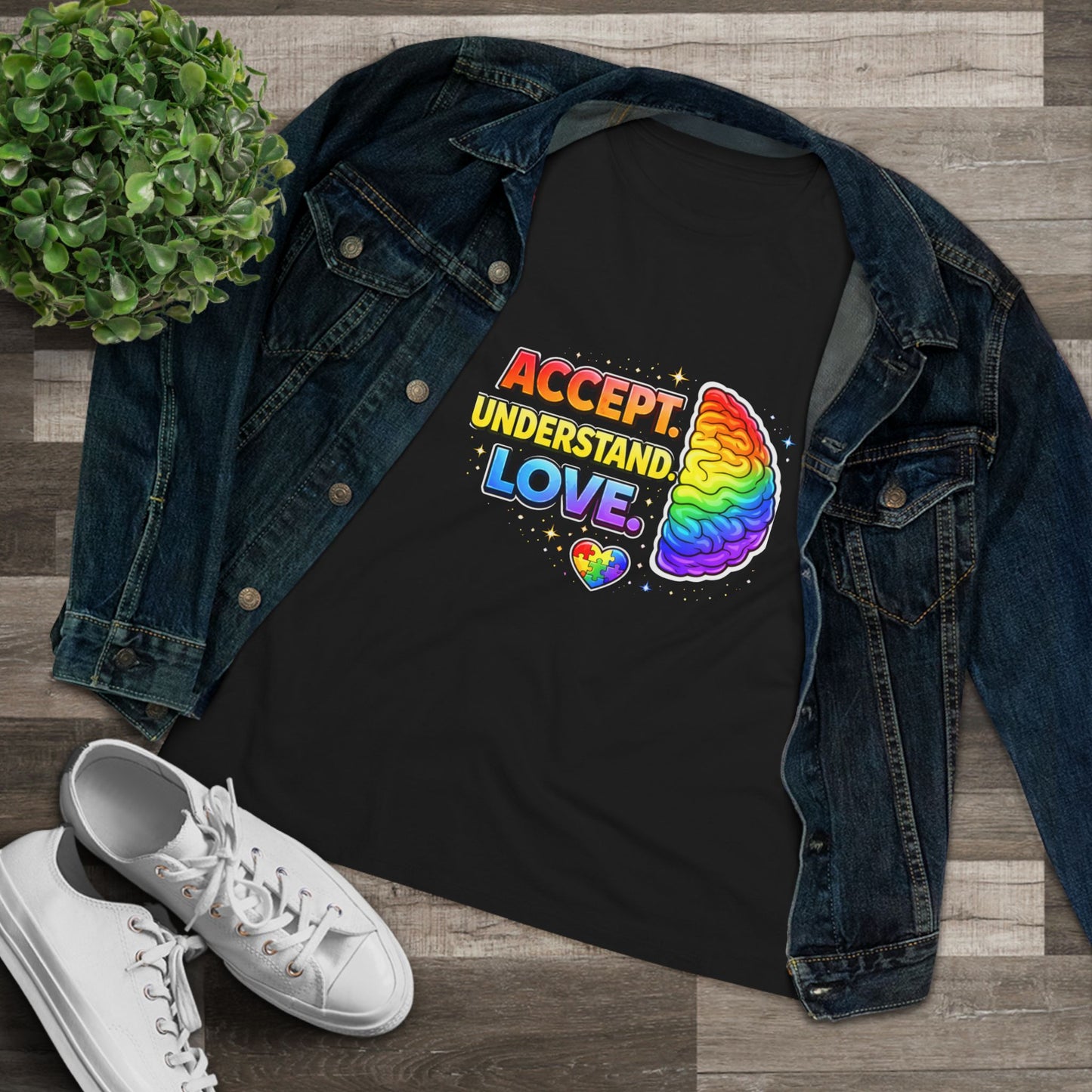Accept Understand Love Rainbow Brain Women's Tee — LGBTQ+ Pride Mental Health Awareness Shirt