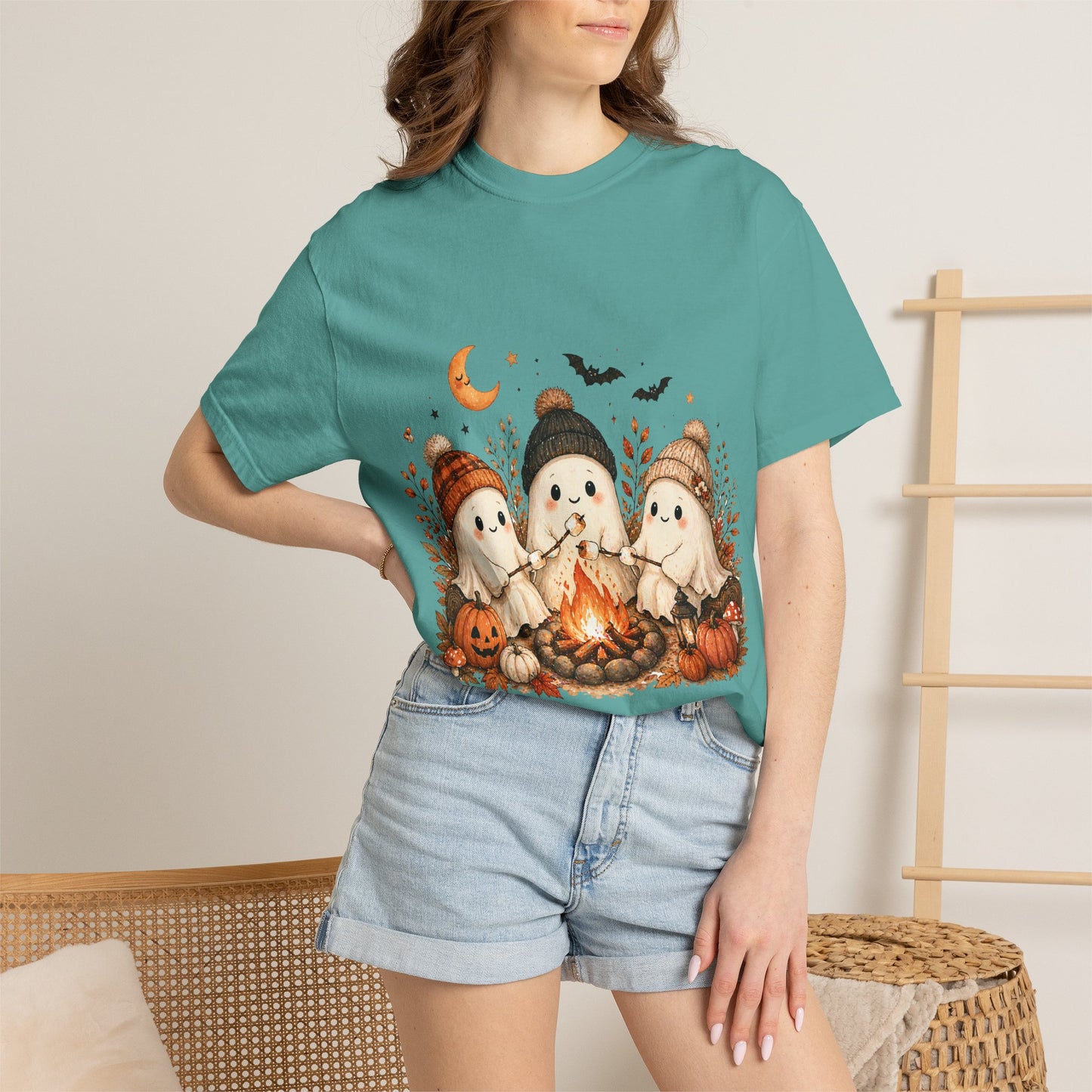 Halloween Ghost Trio Campfire T-Shirt — Cute Spooky Pumpkin Tee