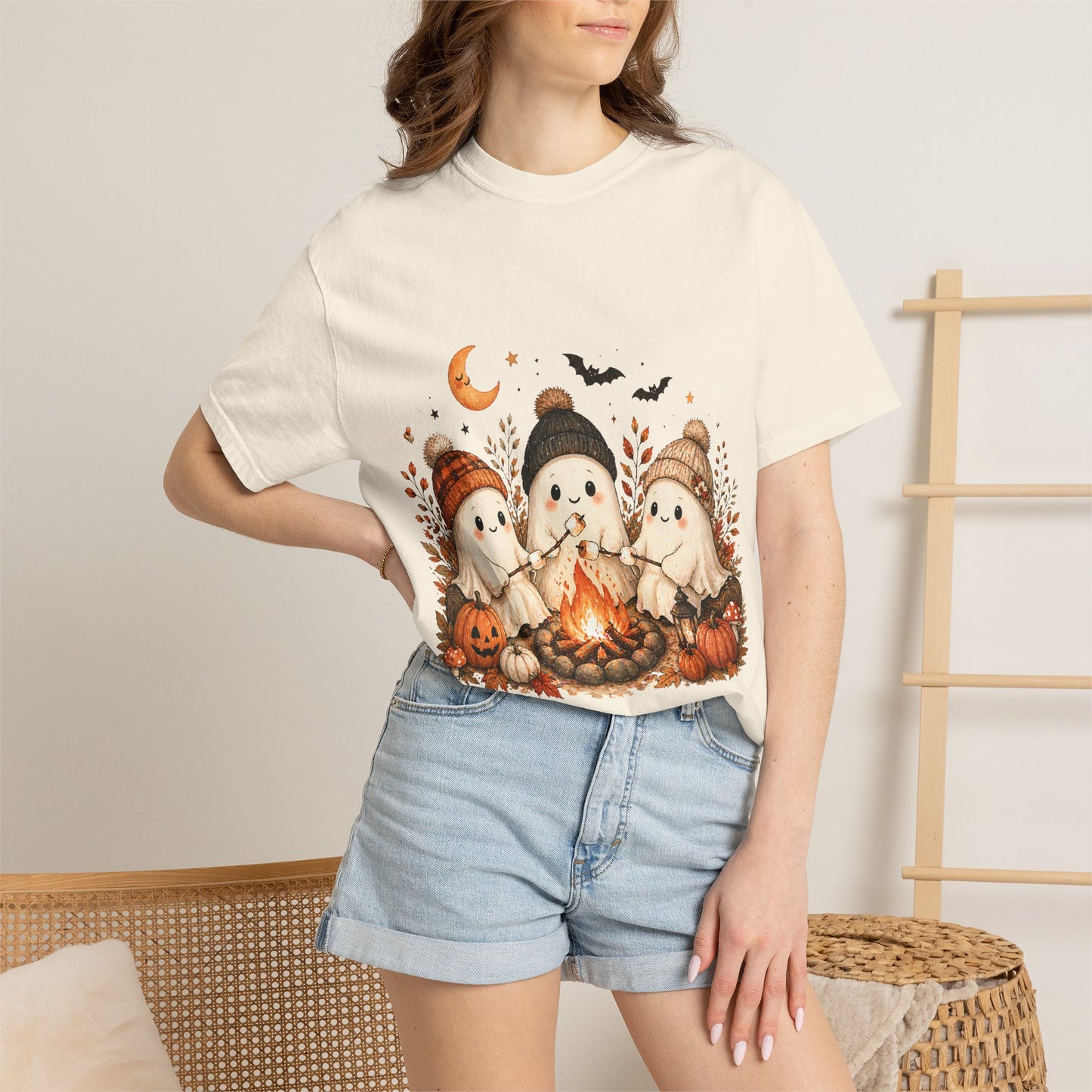 Halloween Ghost Trio Campfire T-Shirt — Cute Spooky Pumpkin Tee