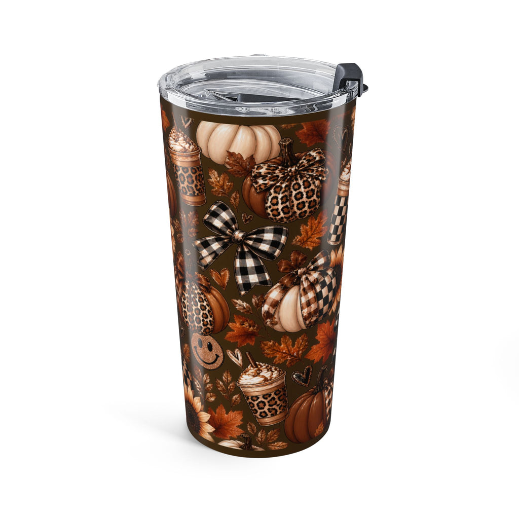 20oz Fall Pumpkin Sunflower Tumbler — Autumn Plaid Smile Travel Cup