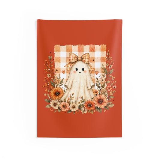 Autumn Cute Ghost Wall Tapestry — Fall Floral Pumpkin Spice Decor