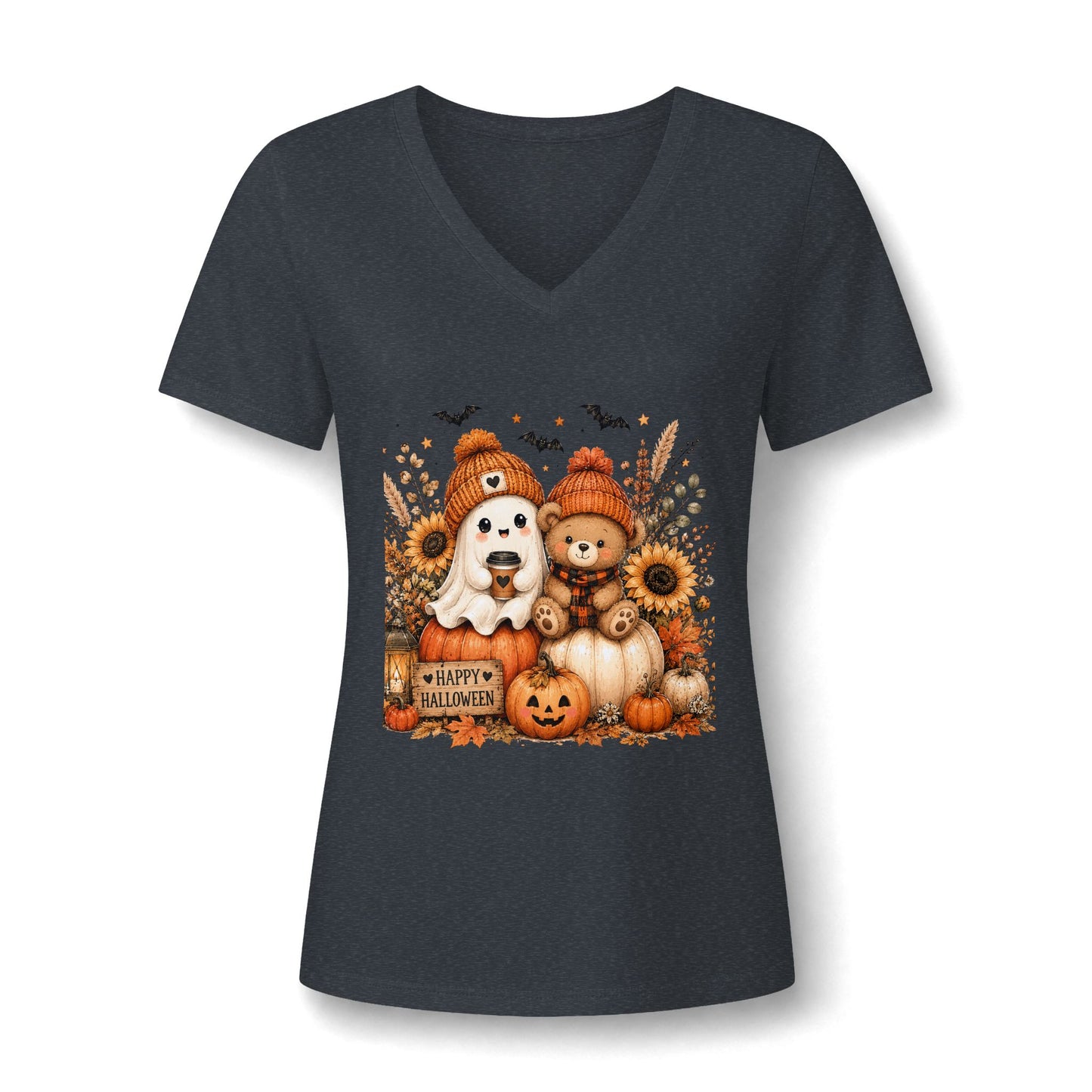 Halloween Puppy & Teddy Pumpkin V-Neck Tee