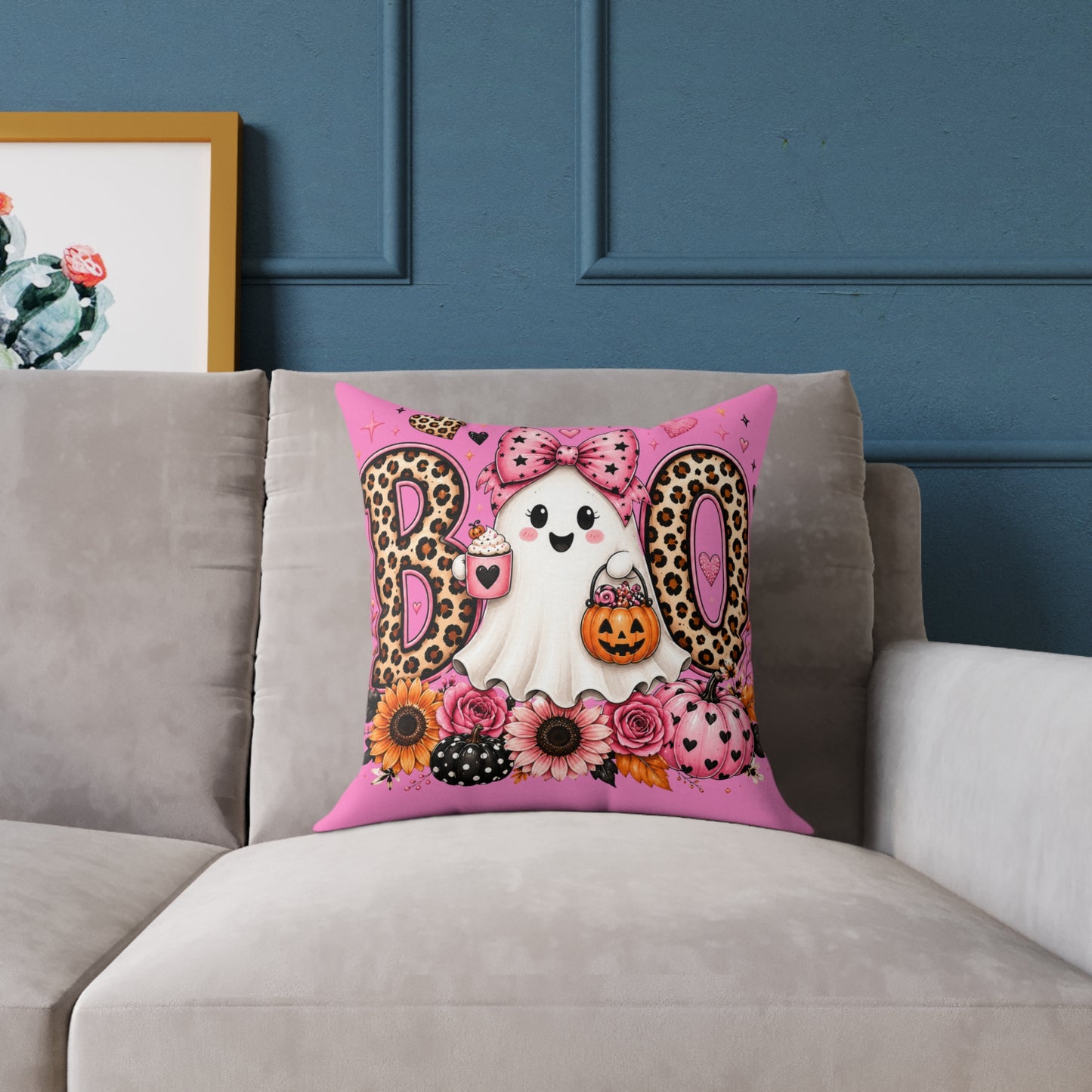 Boo Pink Ghost Pillow — Cute Leopard Halloween Decorative Throw Pillow